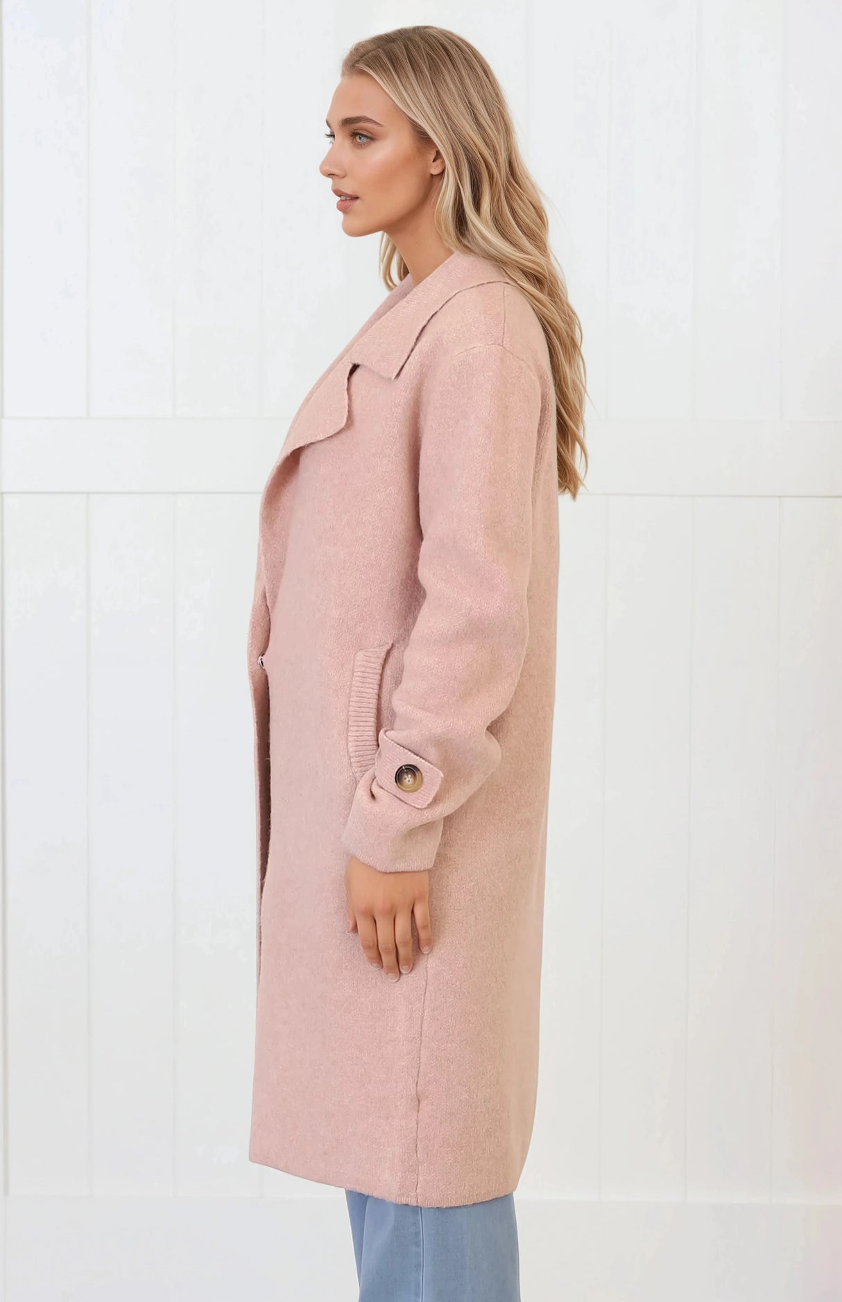Griffin Cardigan - Collared Button Closure Coatigan with Pockets in Pink