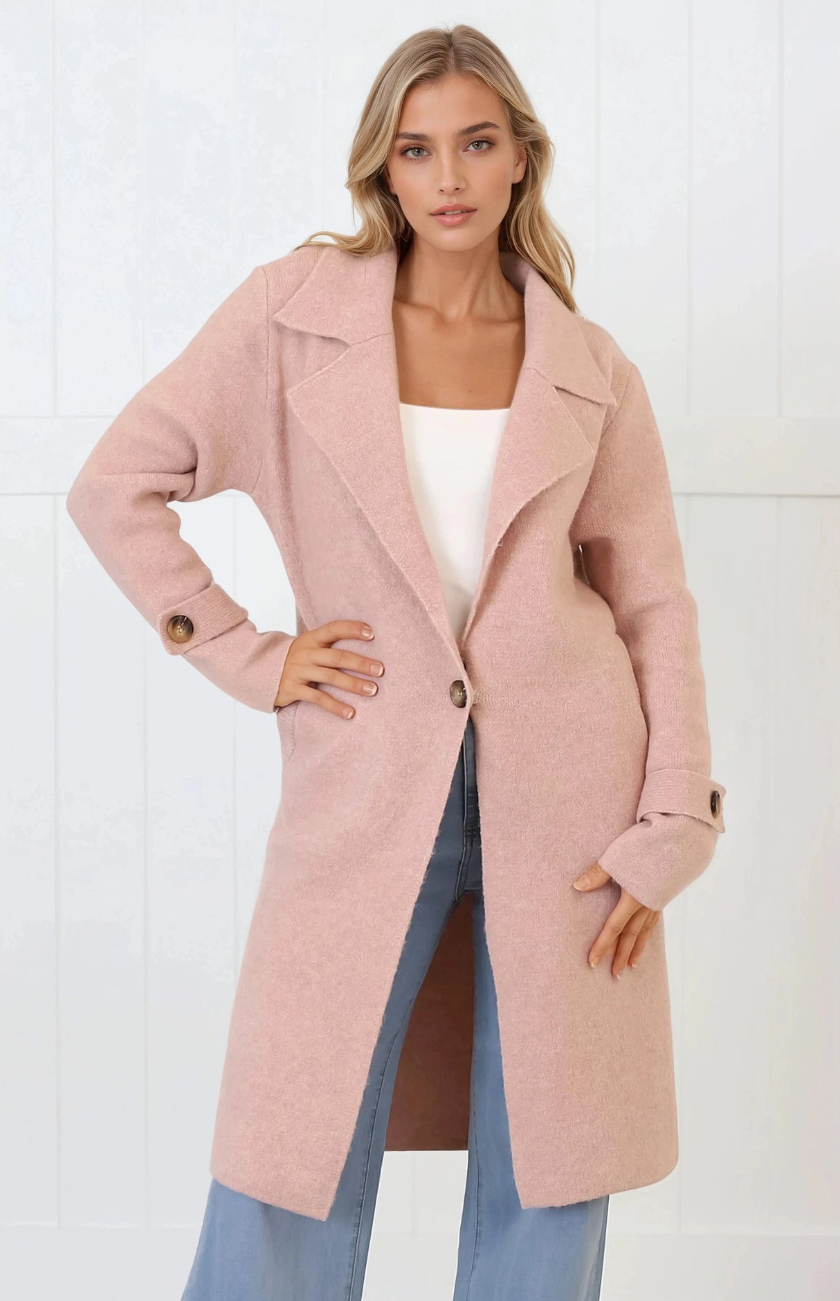 Griffin Cardigan - Collared Button Closure Coatigan with Pockets in Pink