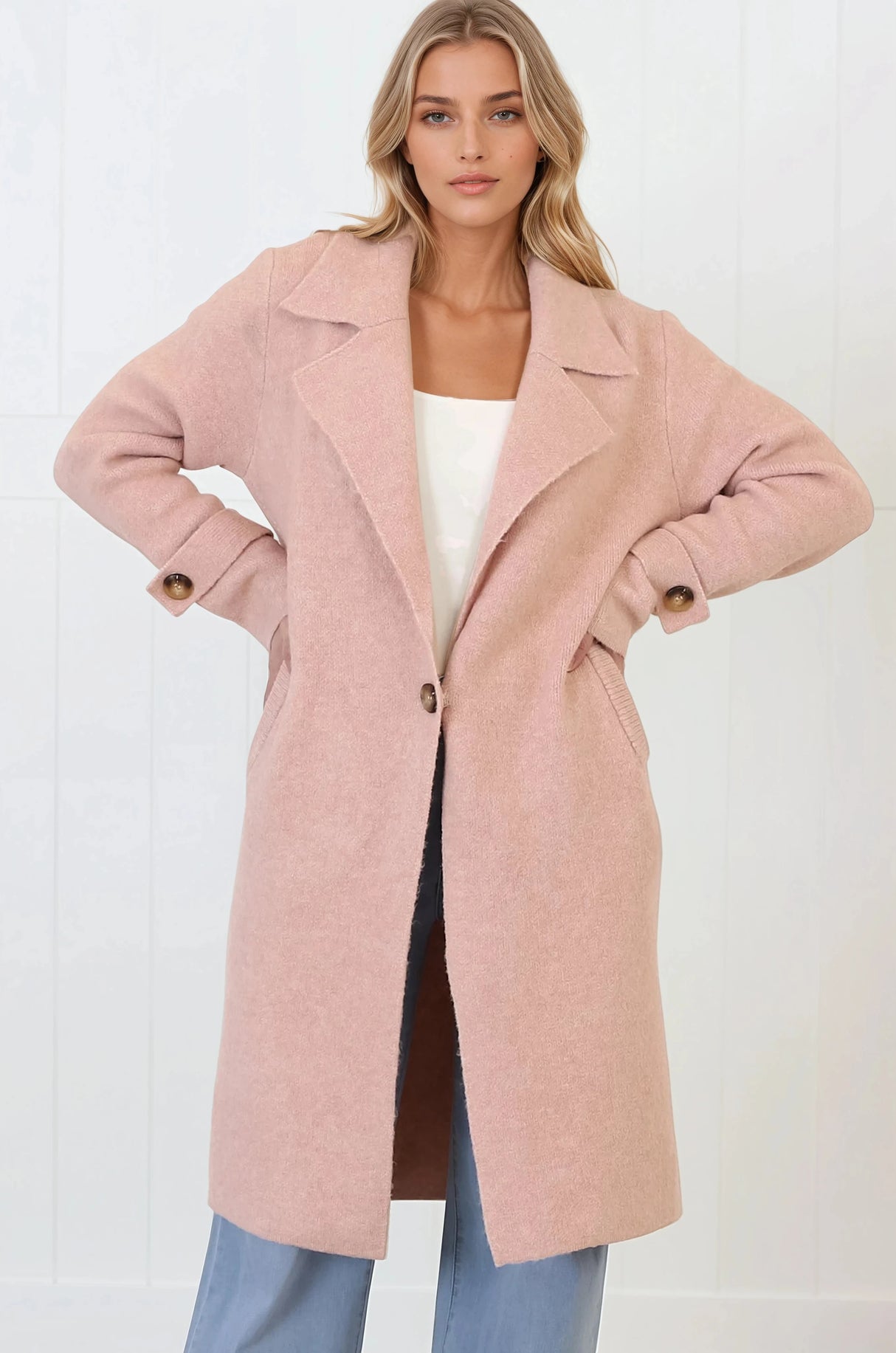 Griffin Cardigan - Collared Button Closure Coatigan with Pockets in Pink