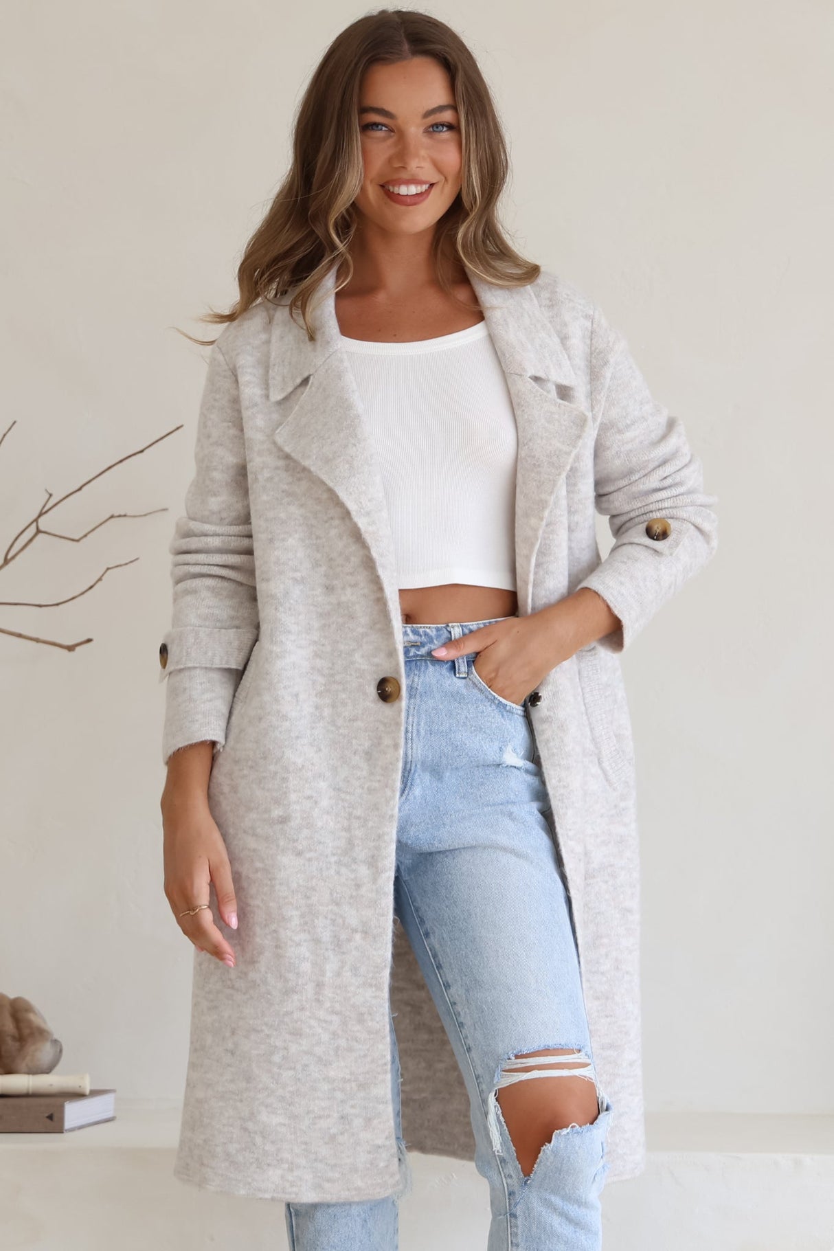 Griffin Cardigan - Collared Button Closure Coatigan with Pockets in Grey