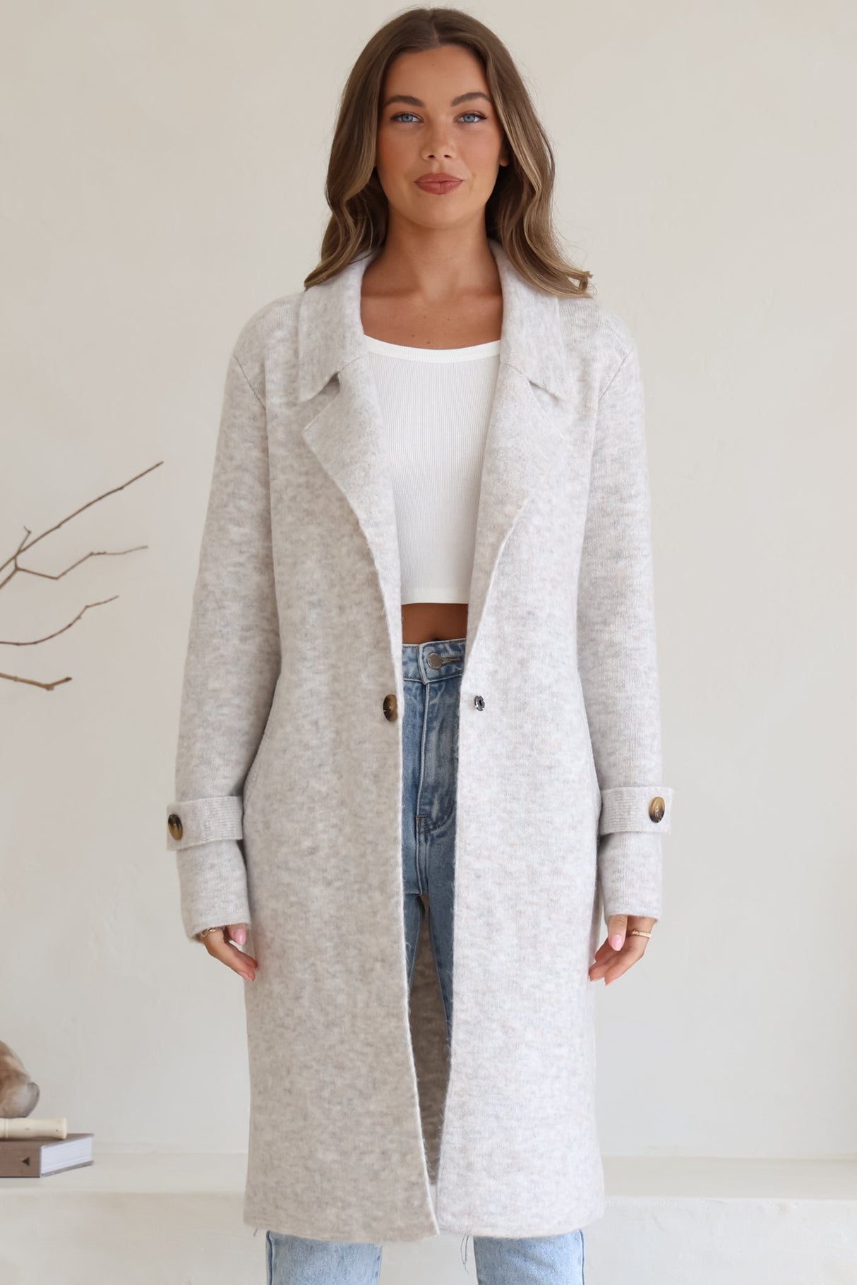 Griffin Cardigan - Collared Button Closure Coatigan with Pockets in Grey