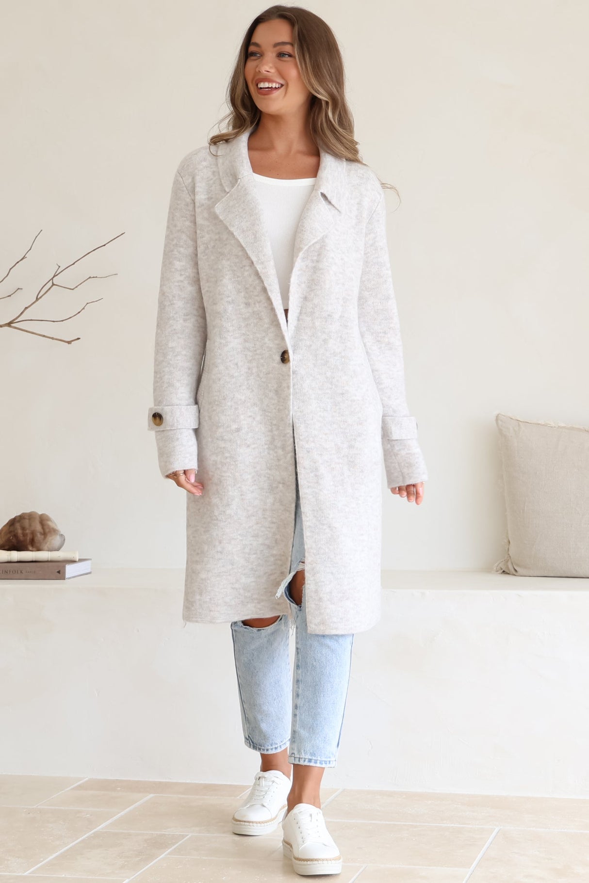 Griffin Cardigan - Collared Button Closure Coatigan with Pockets in Grey