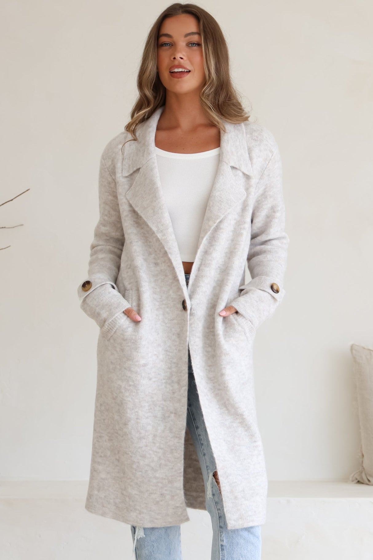 Griffin Cardigan - Collared Button Closure Coatigan with Pockets in Grey