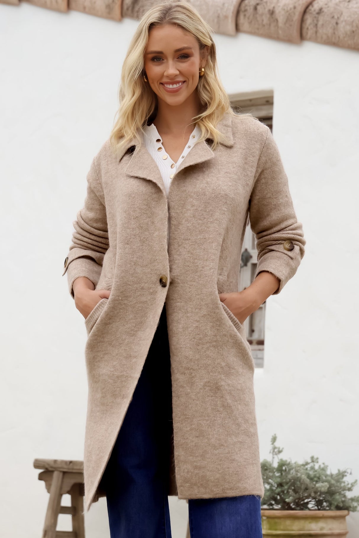 Griffin Cardigan - Collared Button Closure Coatigan with Pockets in Taupe