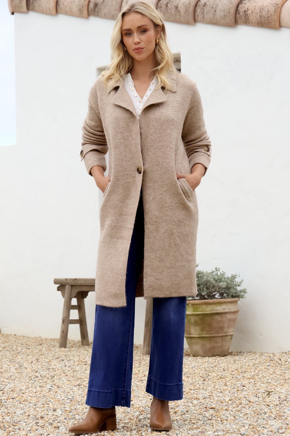 Griffin Cardigan - Collared Button Closure Coatigan with Pockets in Taupe