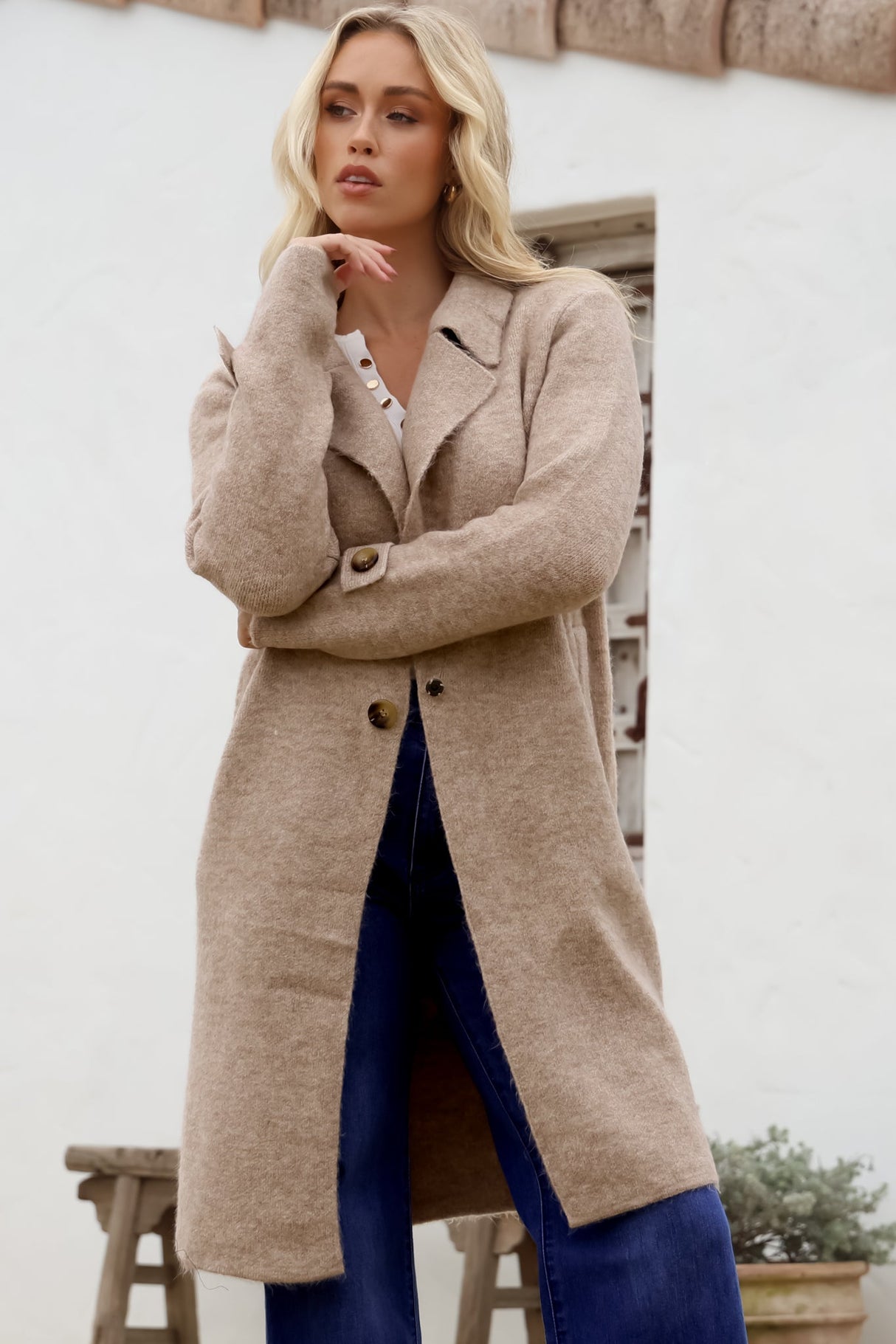 Griffin Cardigan - Collared Button Closure Coatigan with Pockets in Taupe