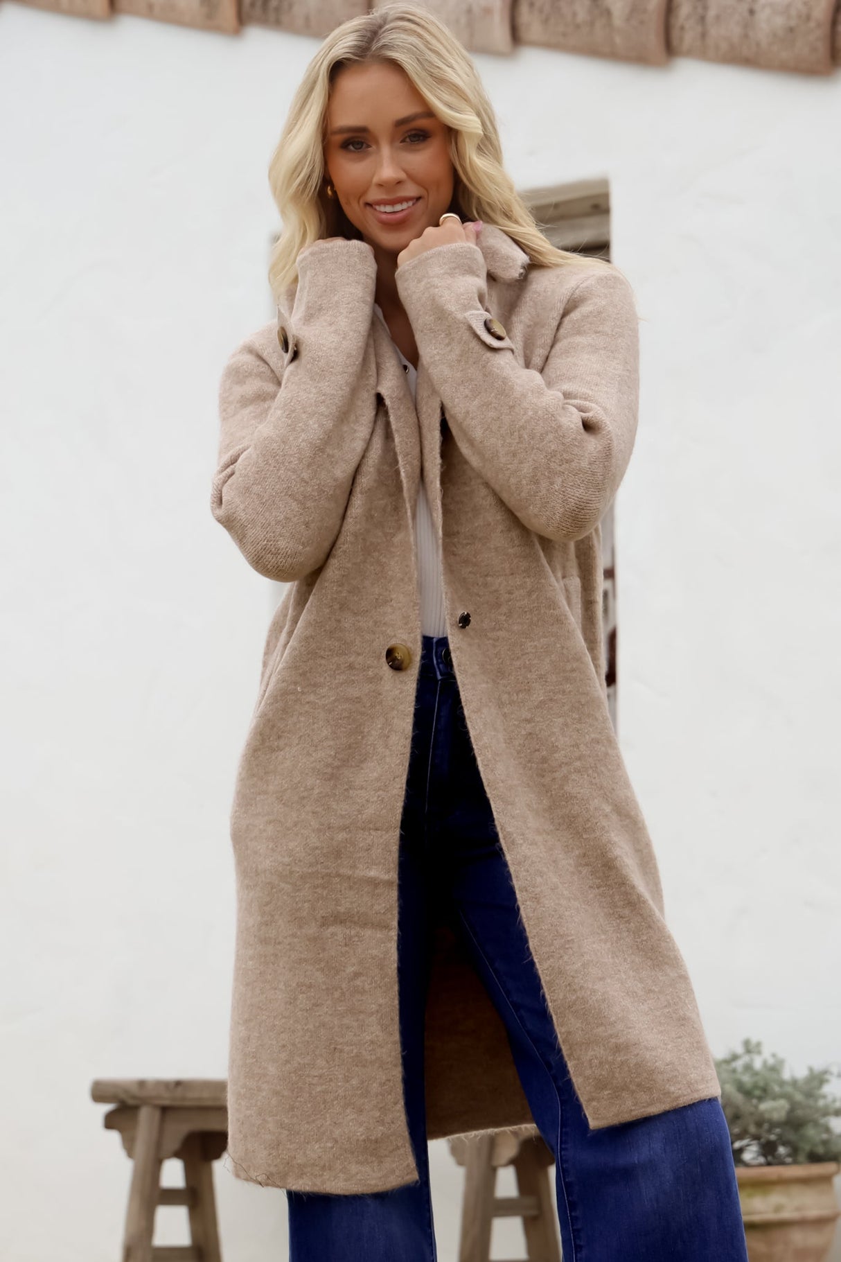 Griffin Cardigan - Collared Button Closure Coatigan with Pockets in Taupe