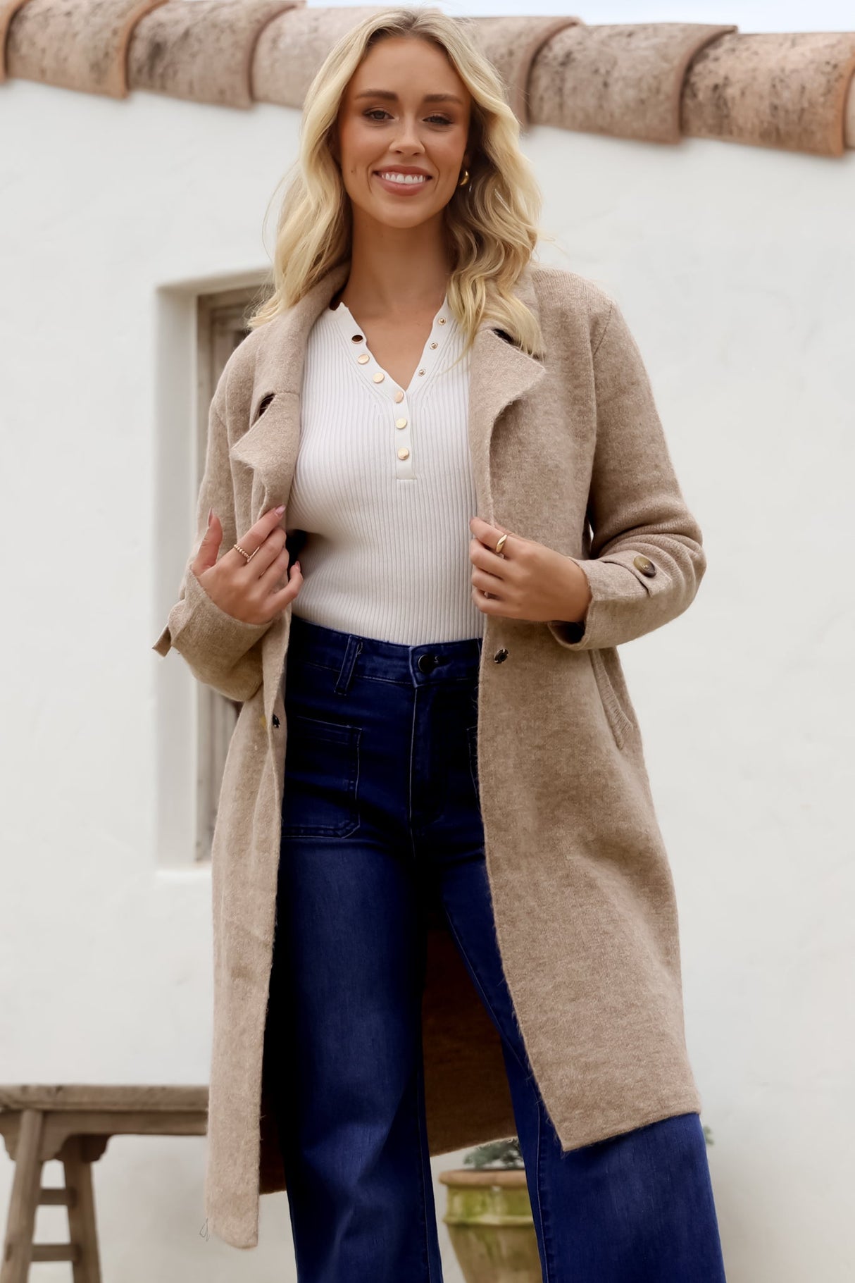 Griffin Cardigan - Collared Button Closure Coatigan with Pockets in Taupe