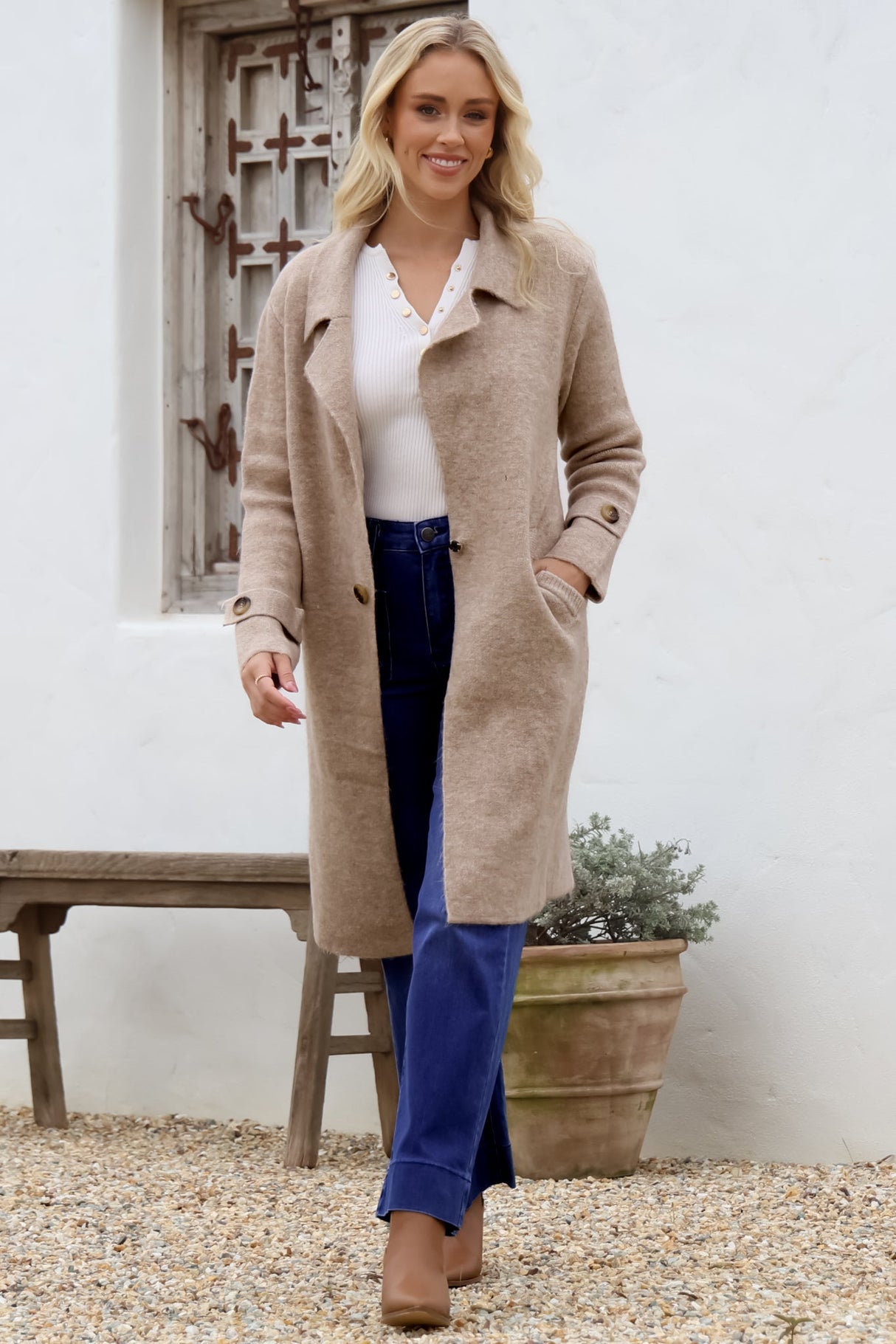 Griffin Cardigan - Collared Button Closure Coatigan with Pockets in Taupe