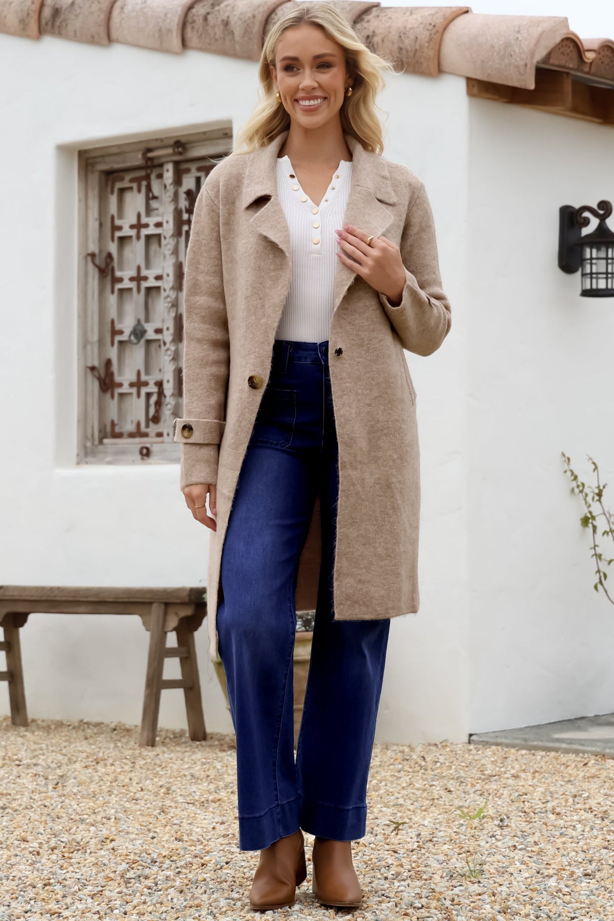 Griffin Cardigan - Collared Button Closure Coatigan with Pockets in Taupe