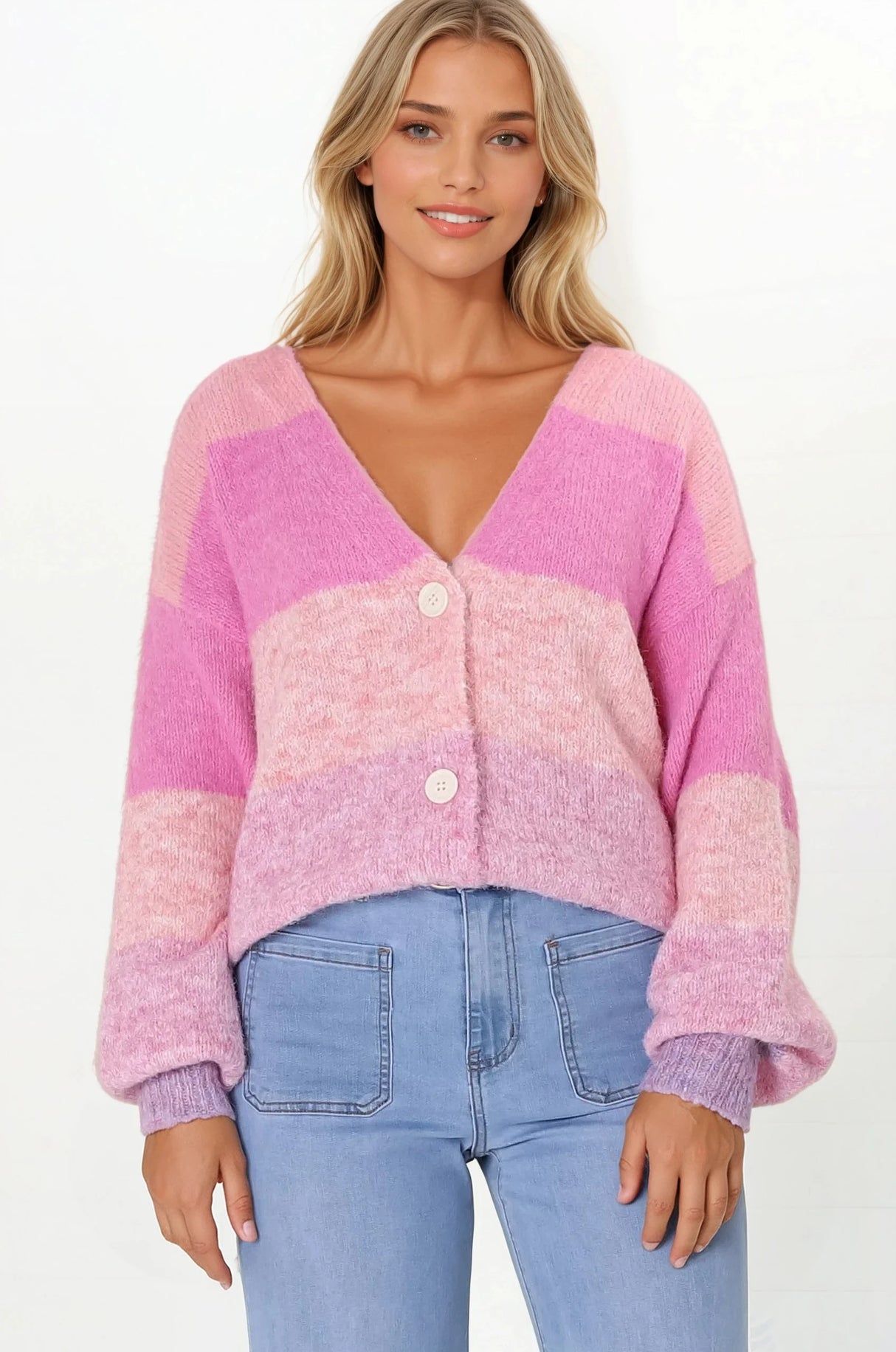 Gwen Cardigan - Stripe Buttoned Cardigan in Pink