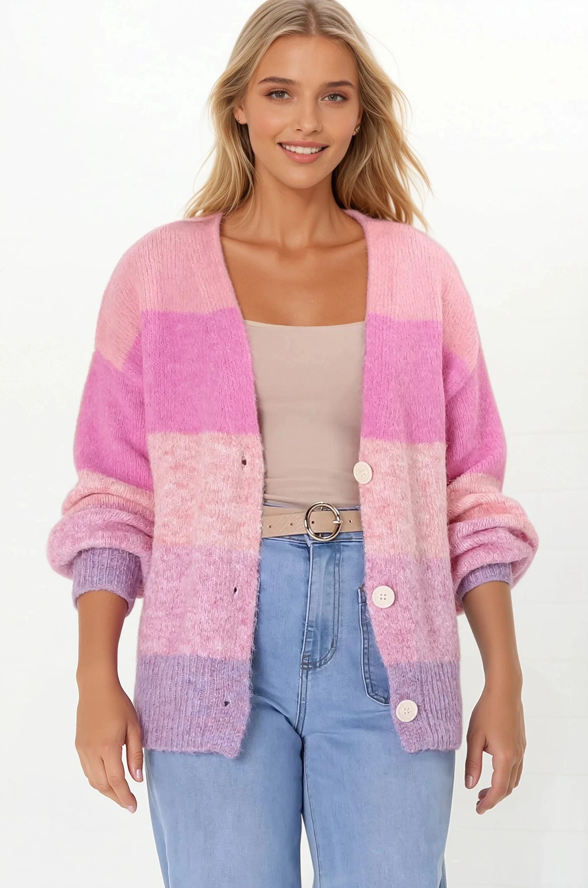 Gwen Cardigan - Stripe Buttoned Cardigan in Pink