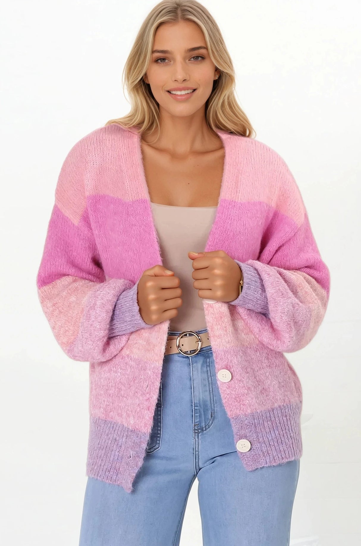 Gwen Cardigan - Stripe Buttoned Cardigan in Pink
