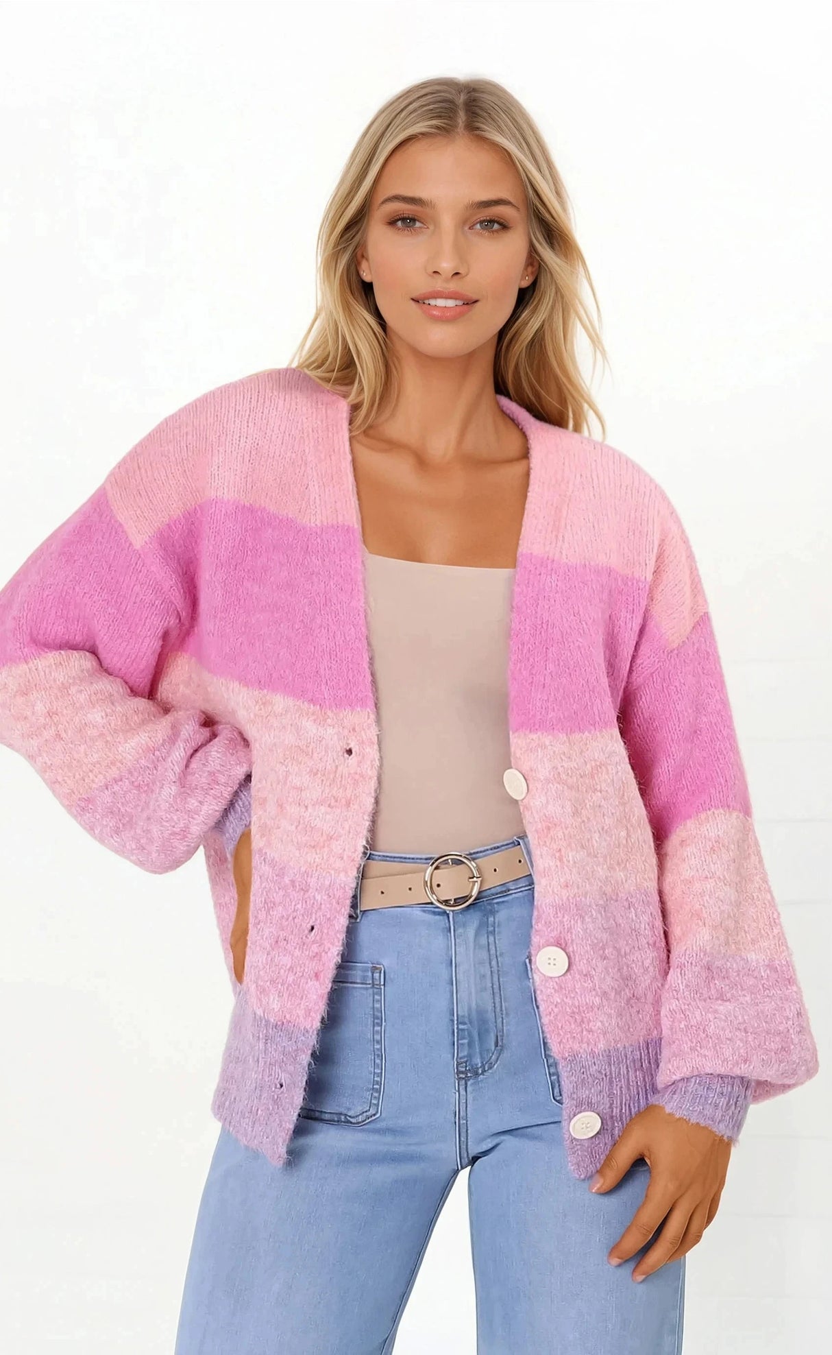 Gwen Cardigan - Stripe Buttoned Cardigan in Pink