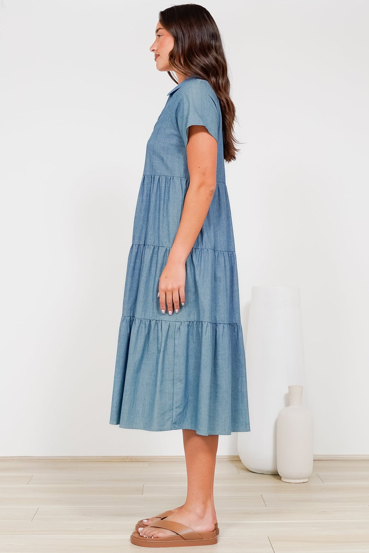Hailey Midi Dress - Collared Tiered Button Down Dress in Light Chambray