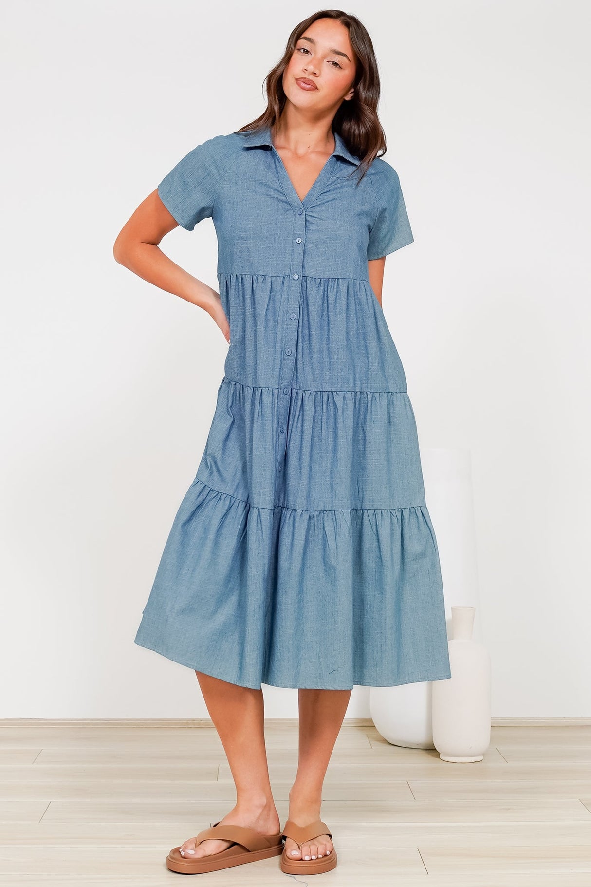 Hailey Midi Dress - Collared Tiered Button Down Dress in Light Chambray