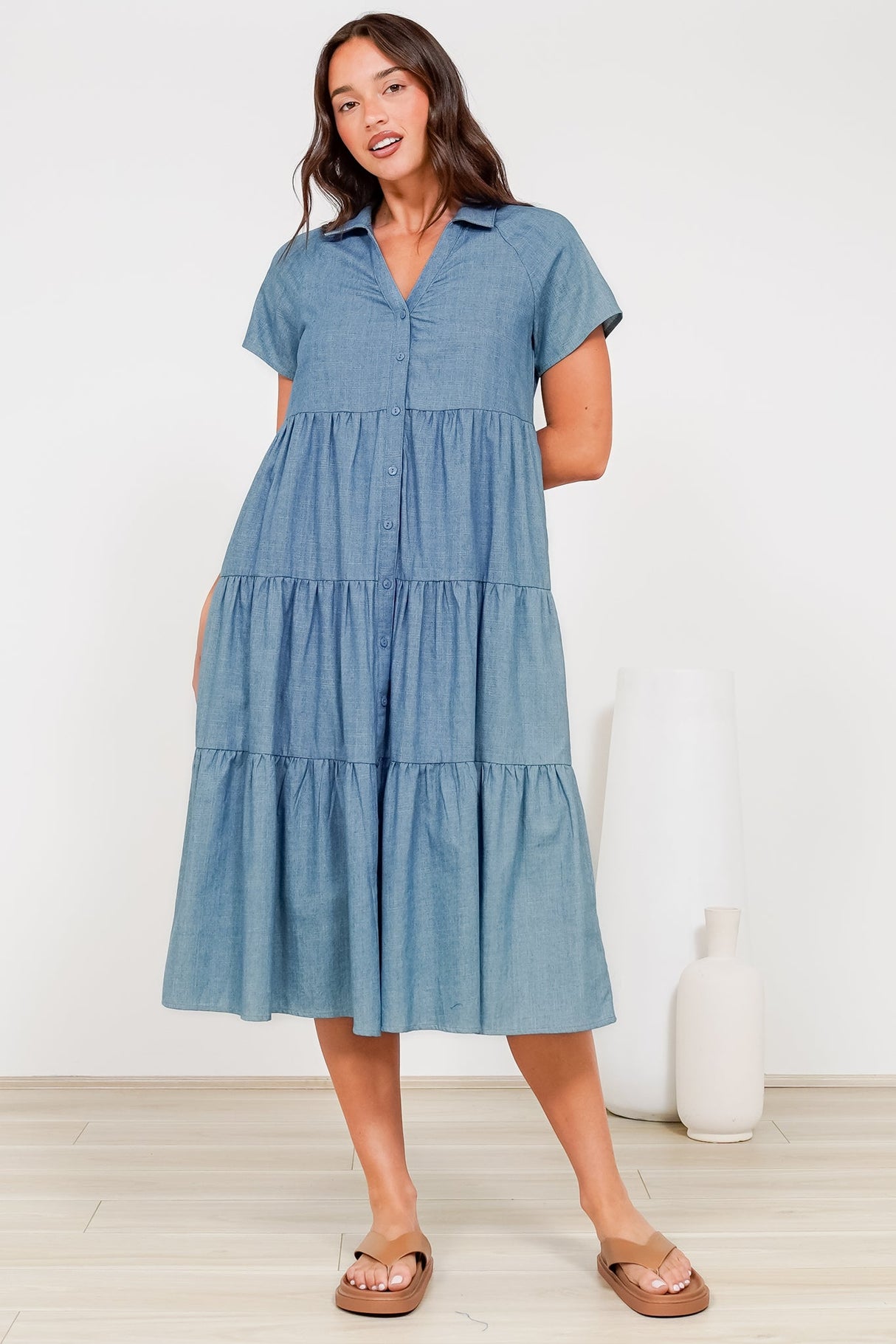 Hailey Midi Dress - Collared Tiered Button Down Dress in Light Chambray