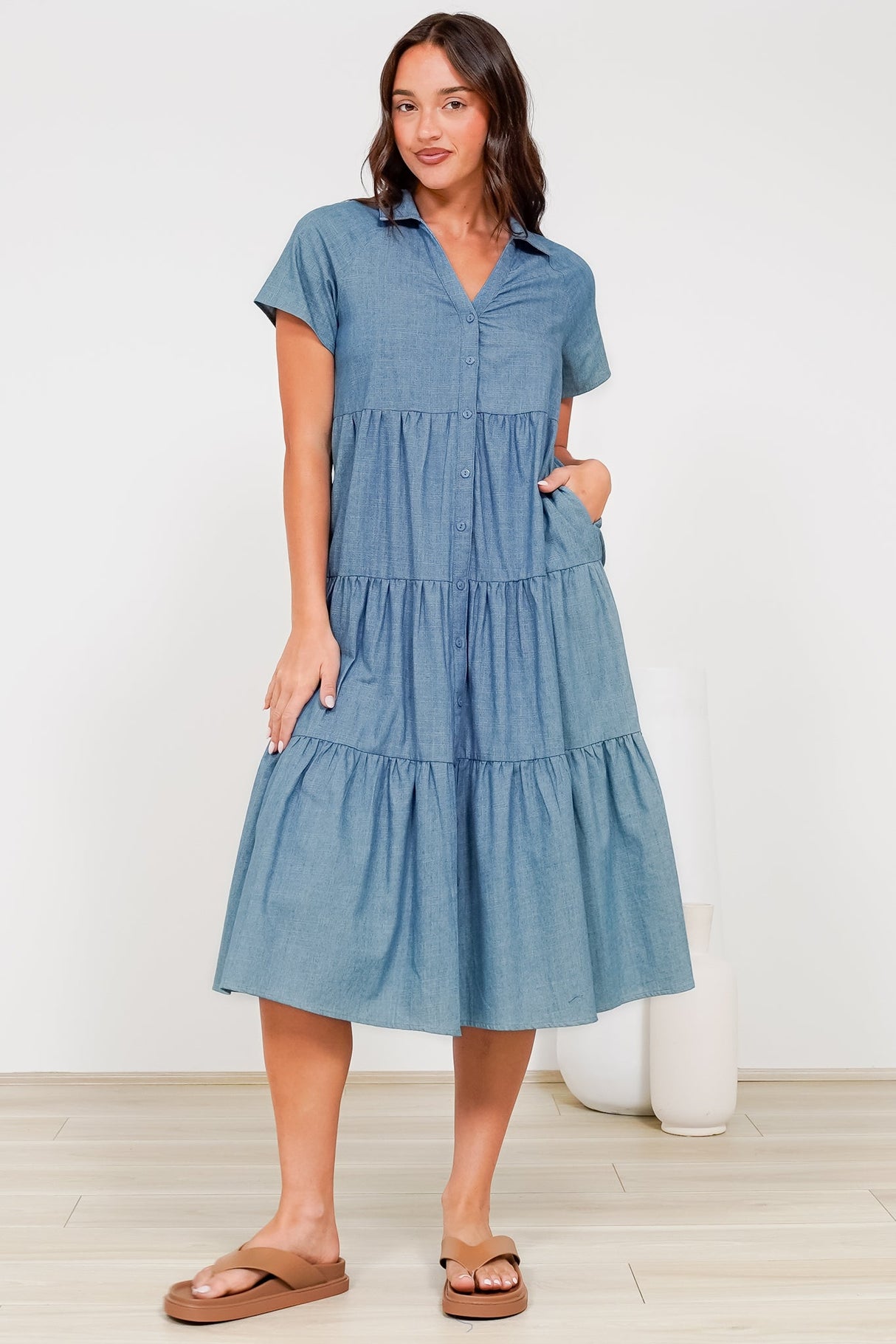 Hailey Midi Dress - Collared Tiered Button Down Dress in Light Chambray