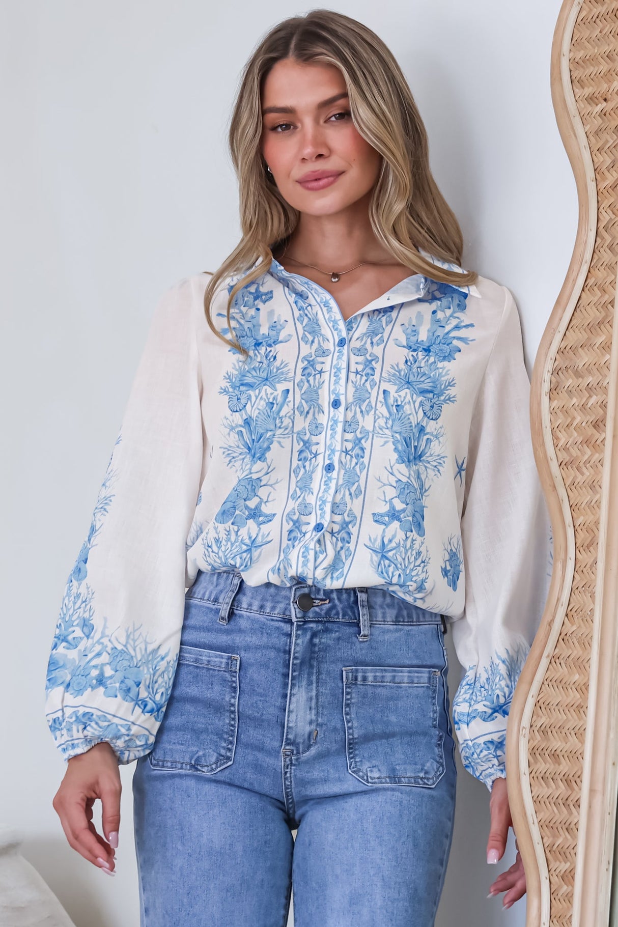 Hailie Shirt - Wing Collar Button Down with Long Balloon Sleeves in Sweeney Print Blue