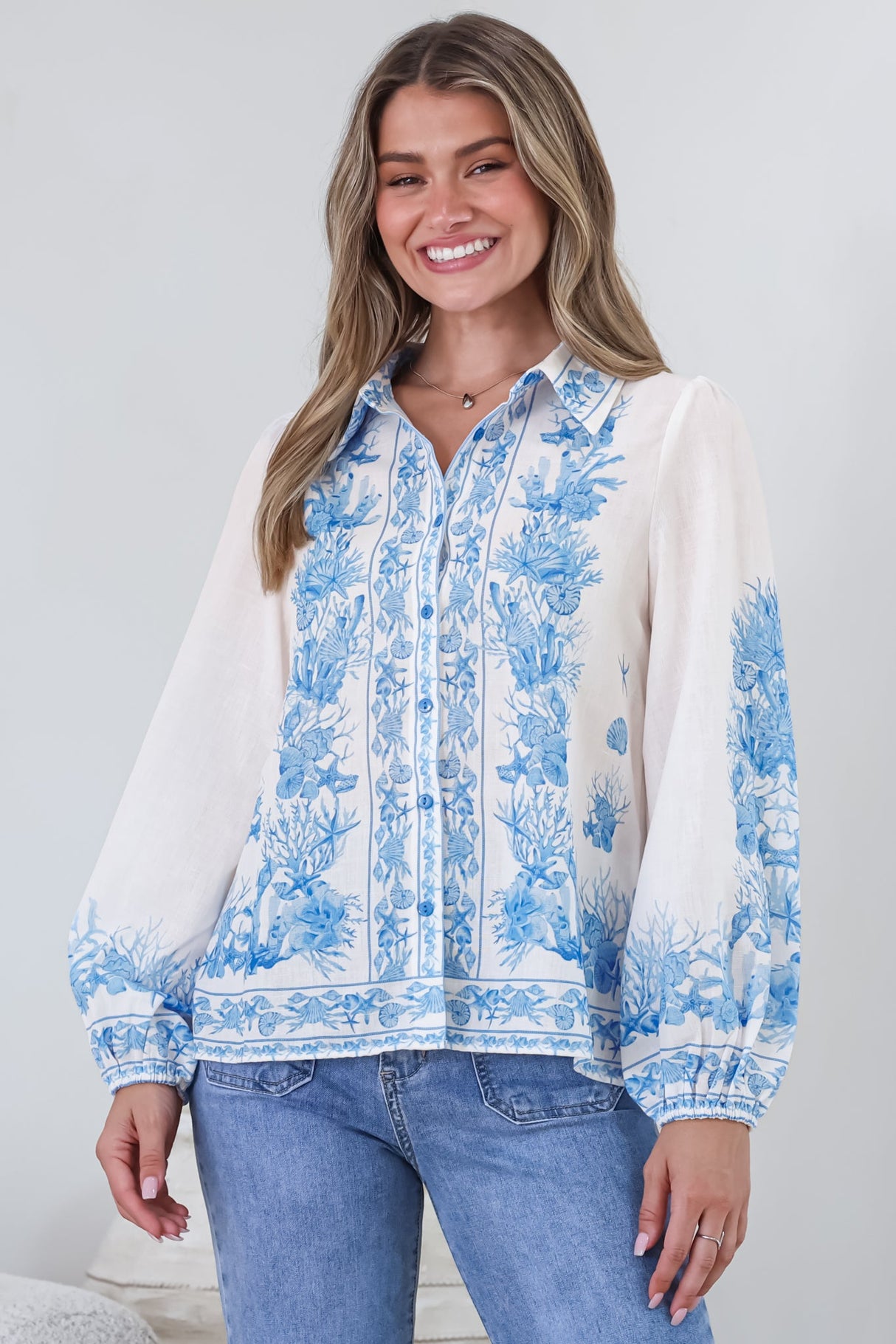Hailie Shirt - Wing Collar Button Down with Long Balloon Sleeves in Sweeney Print Blue