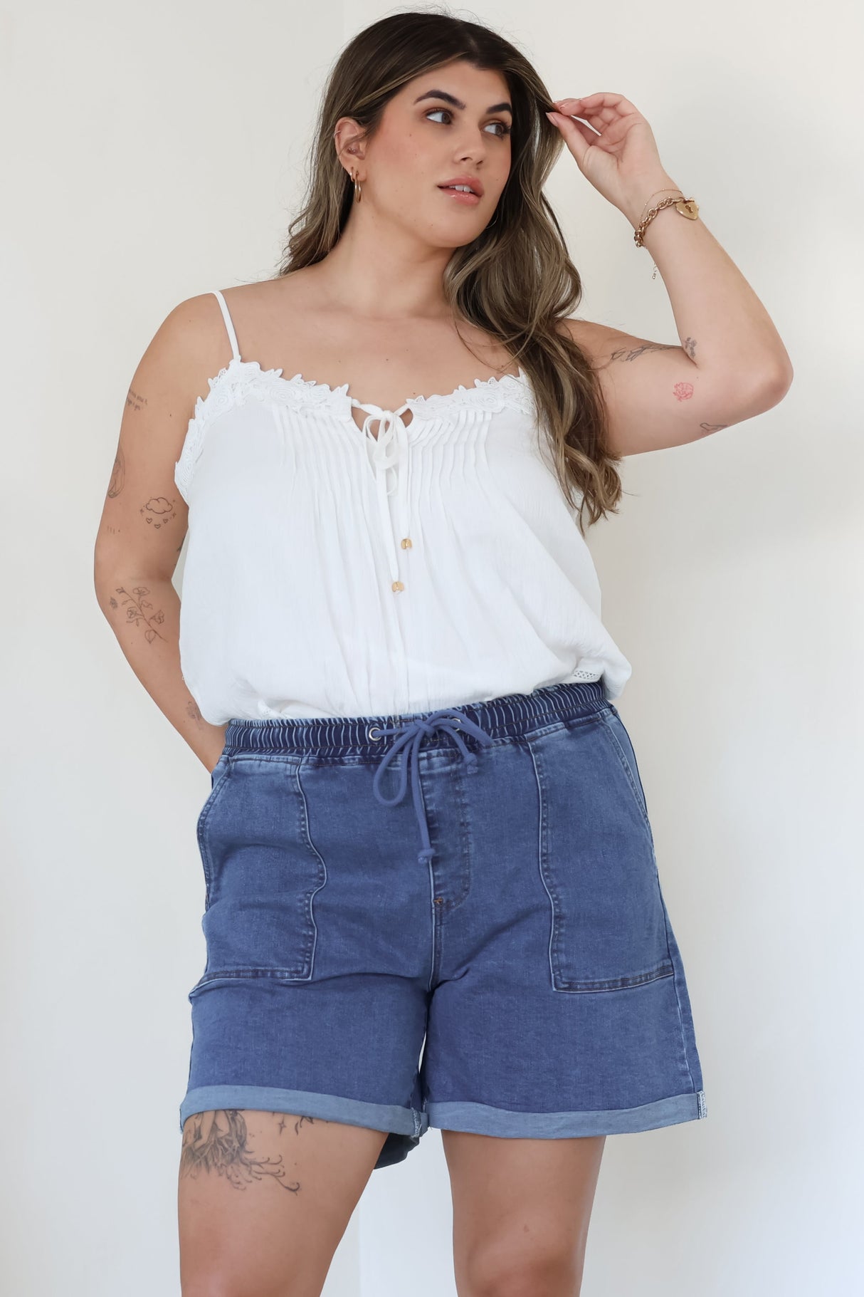 Halley Denim Shorts - Elasticated Waistband Folded Cuff Denim Shorts in Dark Denim