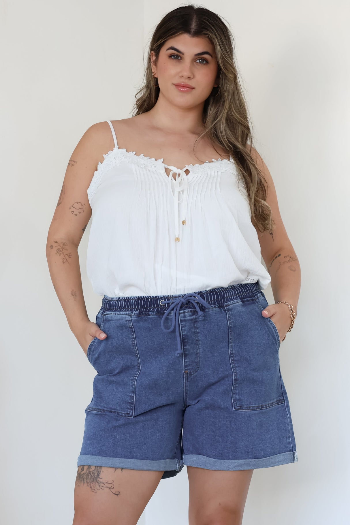 Halley Denim Shorts - Elasticated Waistband Folded Cuff Denim Shorts in Dark Denim