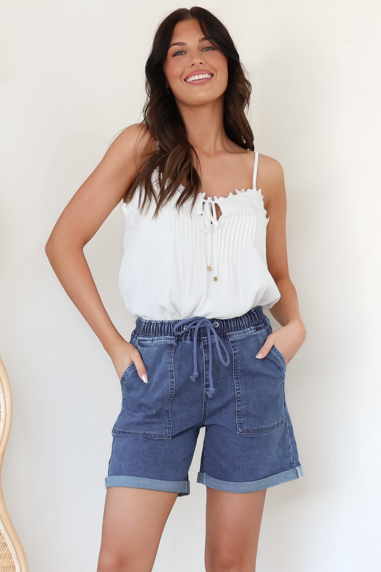 Halley Denim Shorts - Elasticated Waistband Folded Cuff Denim Shorts in Dark Denim