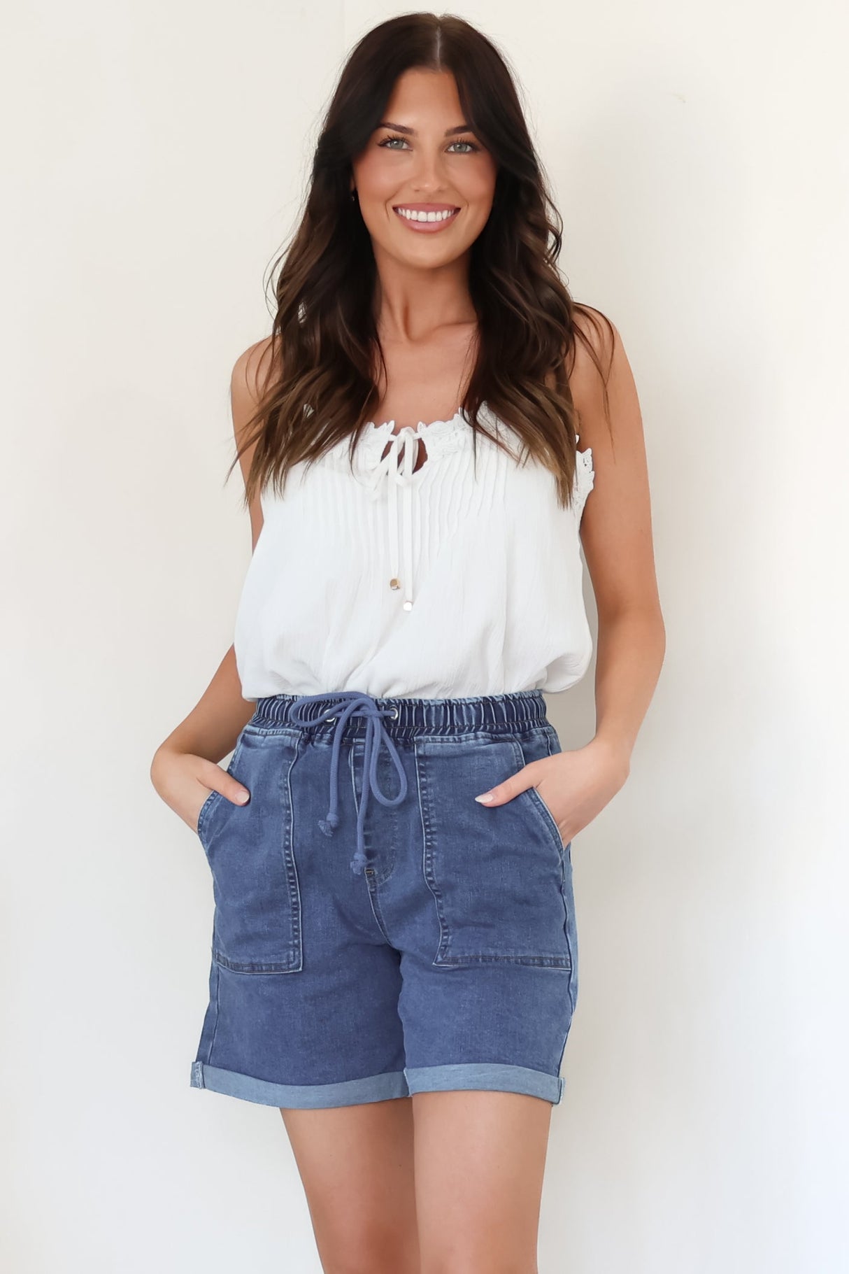 Halley Denim Shorts - Elasticated Waistband Folded Cuff Denim Shorts in Dark Denim