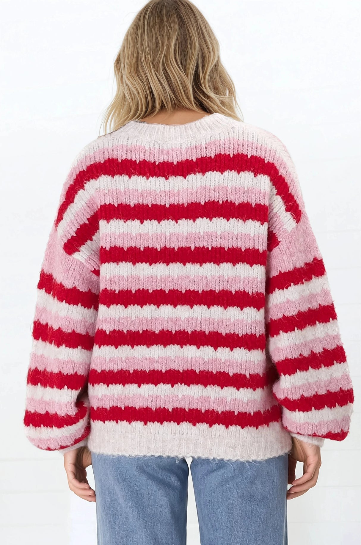 Hallie Jumper - Crew Neck Soft Knit Stripe Jumper in Red