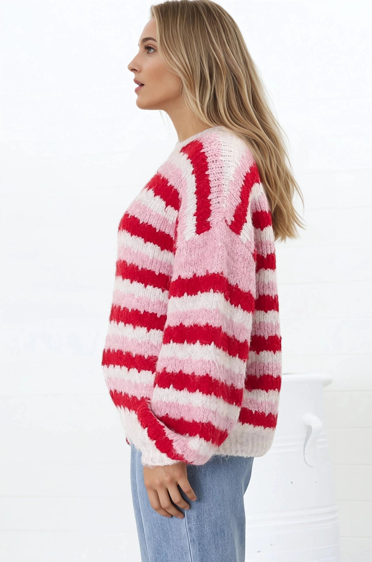 Hallie Jumper - Crew Neck Soft Knit Stripe Jumper in Red