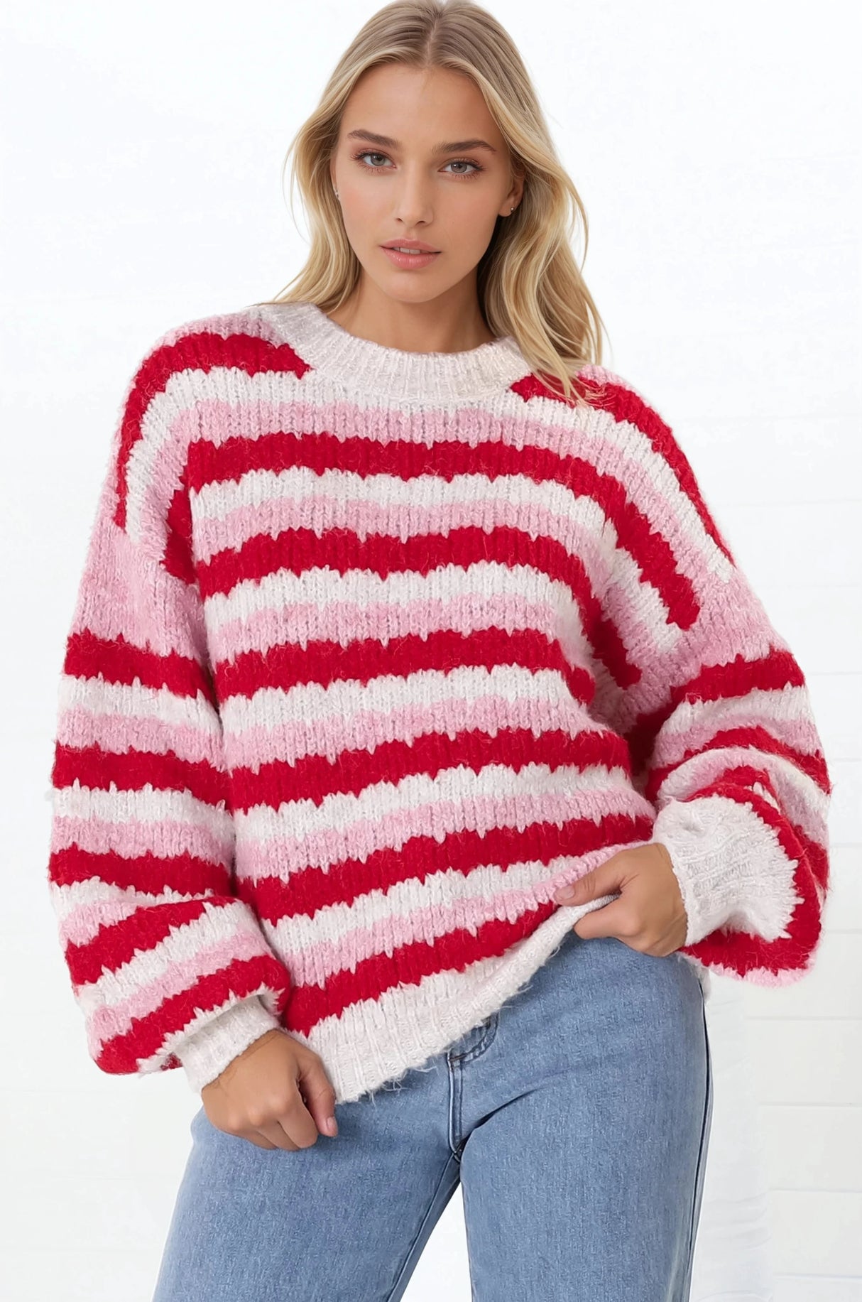 Hallie Jumper - Crew Neck Soft Knit Stripe Jumper in Red