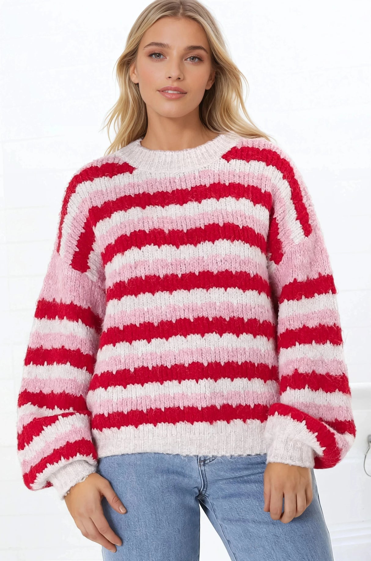 Hallie Jumper - Crew Neck Soft Knit Stripe Jumper in Red