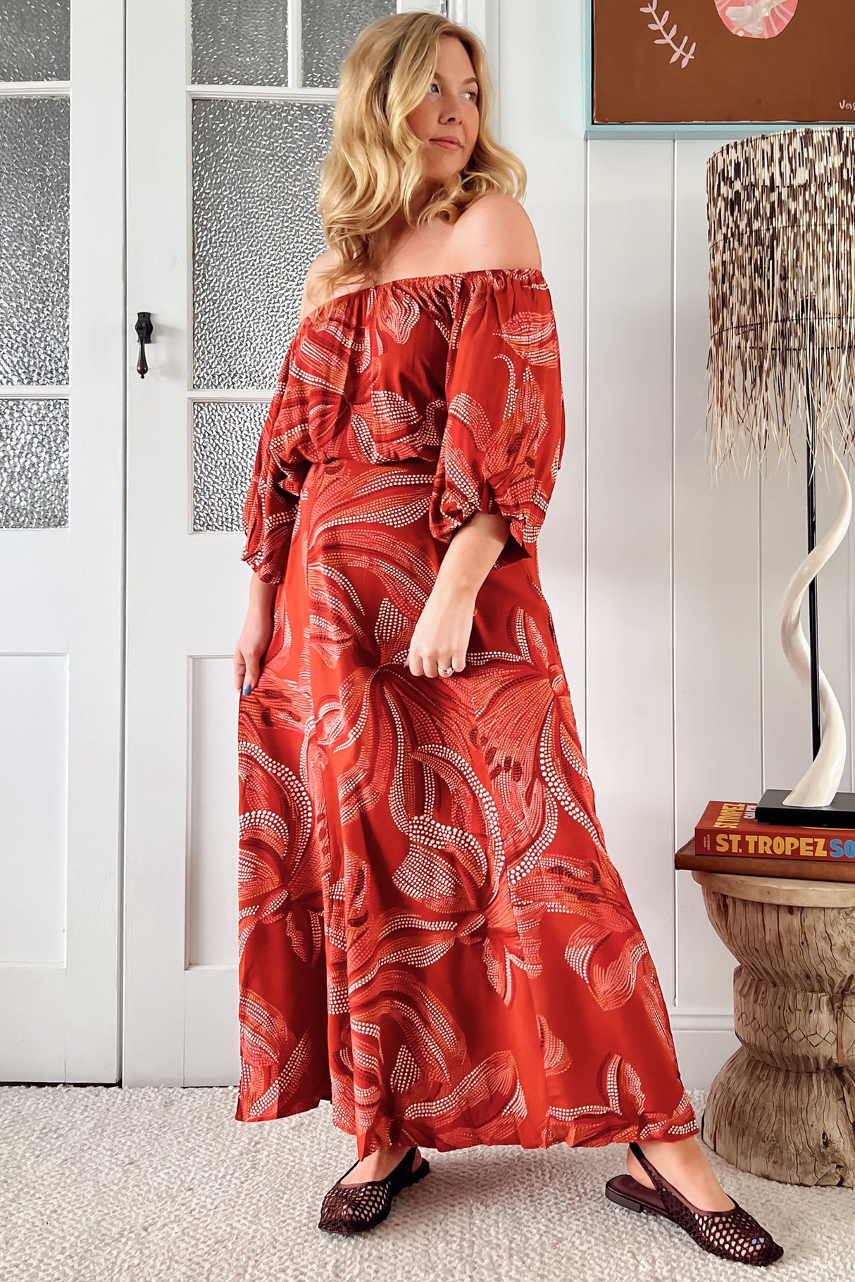 JAASE - Hallie Maxi Dress: Off Shoulder Balloon Sleeve Dress in Hibiscus Print