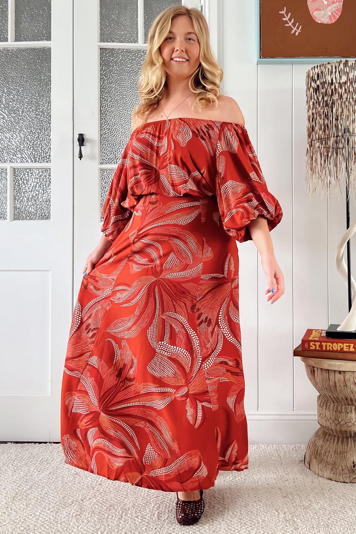 JAASE - Hallie Maxi Dress: Off Shoulder Balloon Sleeve Dress in Hibiscus Print