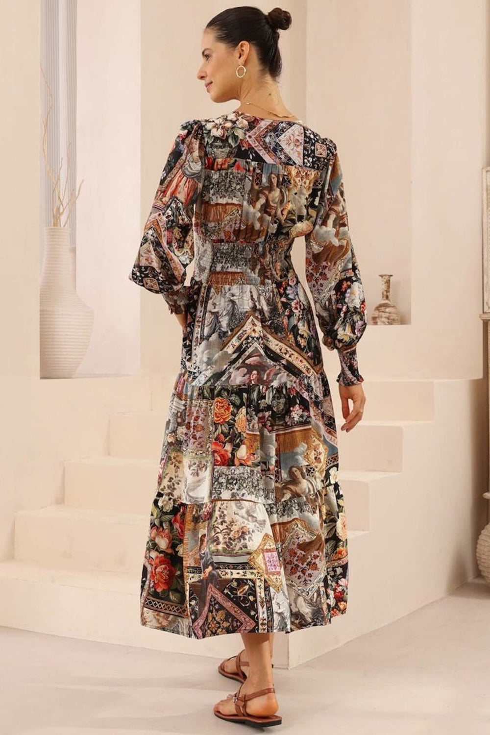 Hallow Midi Dress - V-Neck A Line Dress with Long Sleeves in Elaine Print