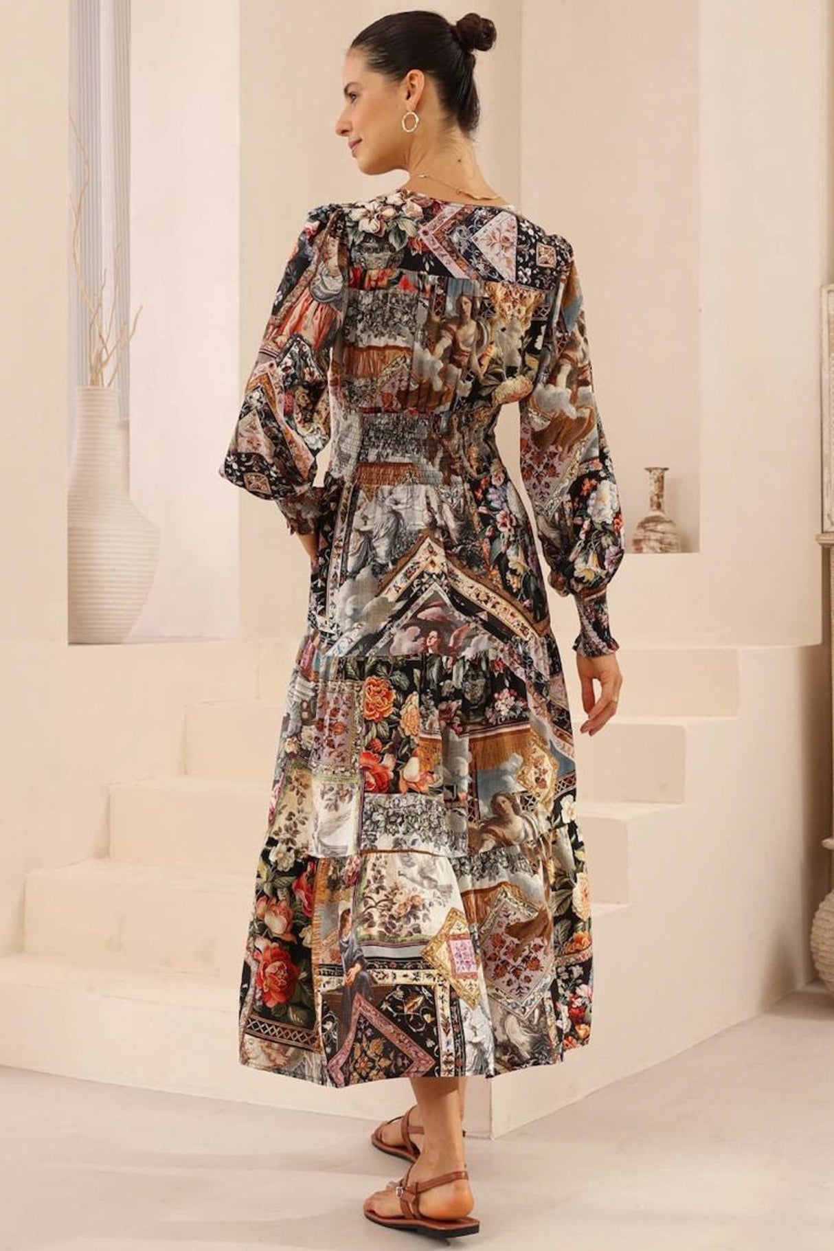 Hallow Midi Dress - V-Neck A Line Dress with Long Sleeves in Elaine Print