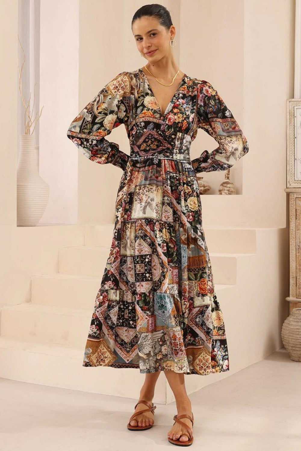 Hallow Midi Dress - V-Neck A Line Dress with Long Sleeves in Elaine Print
