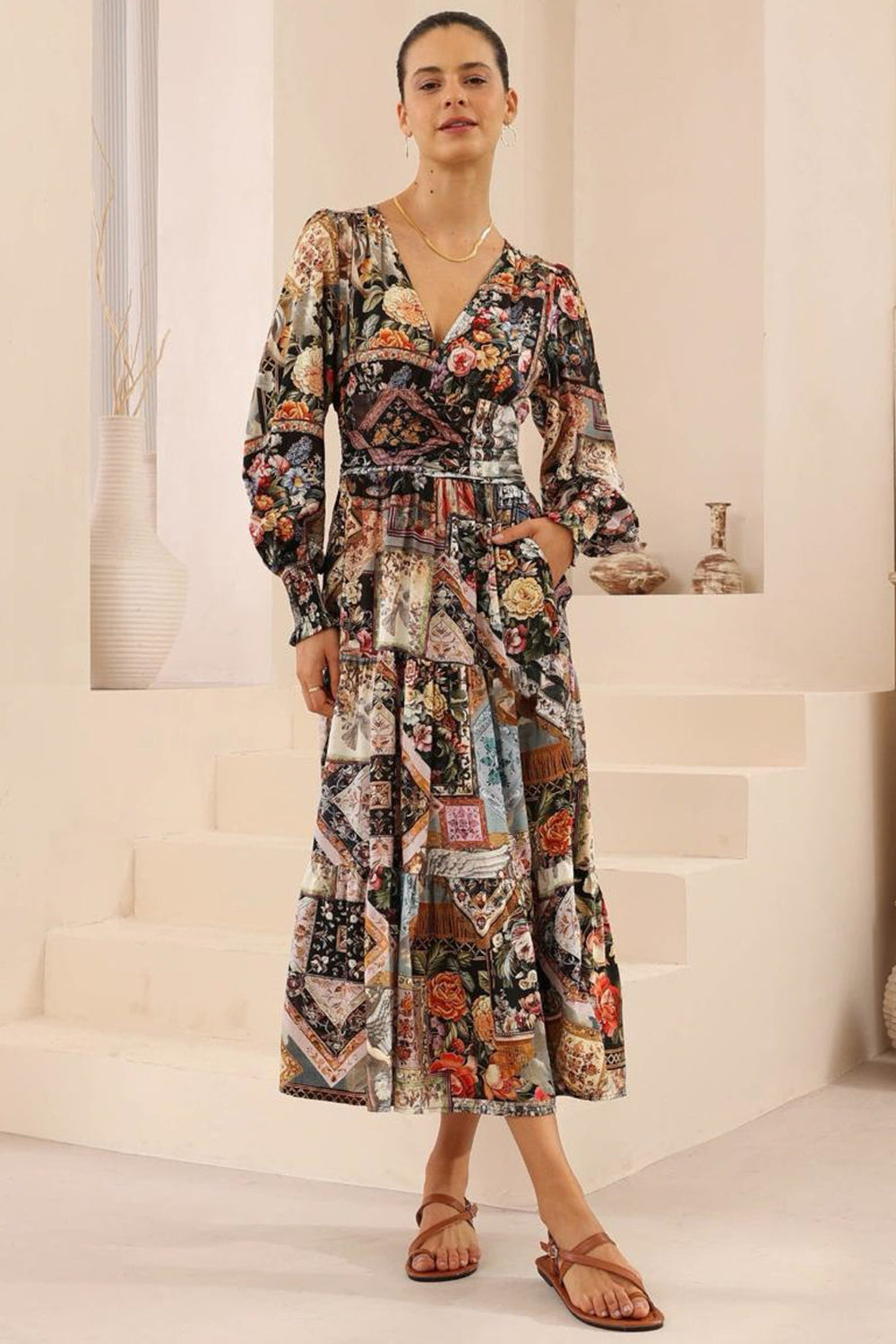 Hallow Midi Dress - V-Neck A Line Dress with Long Sleeves in Elaine Print
