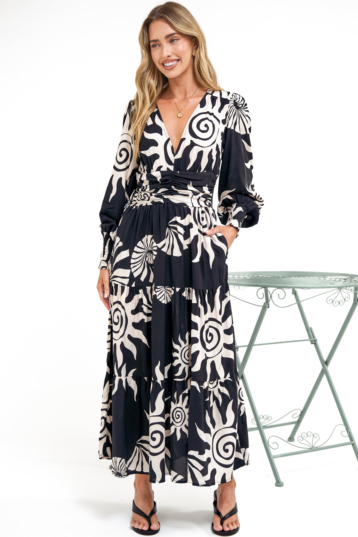 Hallow Midi Dress - V-Neck A Line Dress with Long Sleeves in Raylee Print