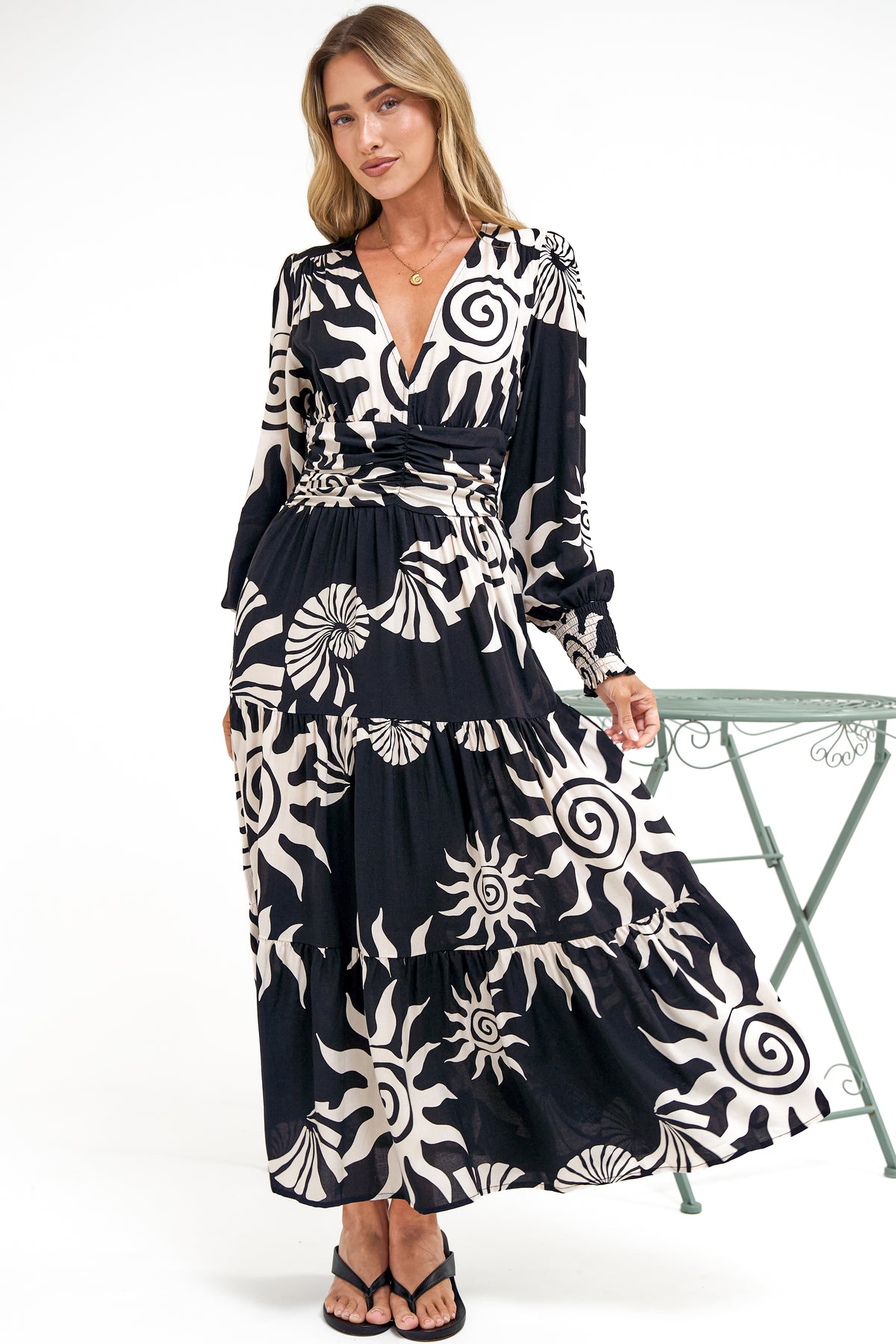 Hallow Midi Dress - V-Neck A Line Dress with Long Sleeves in Raylee Print
