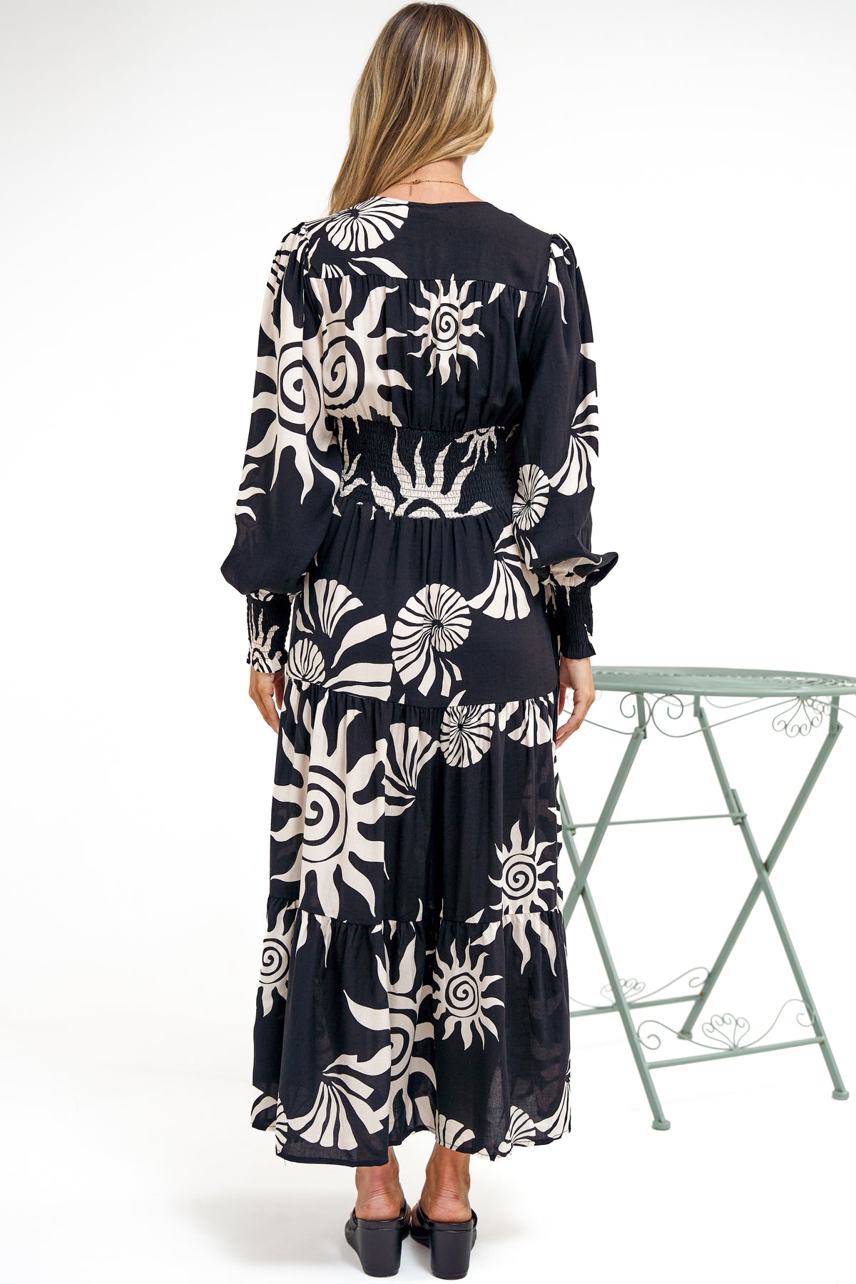 Hallow Midi Dress - V-Neck A Line Dress with Long Sleeves in Raylee Print