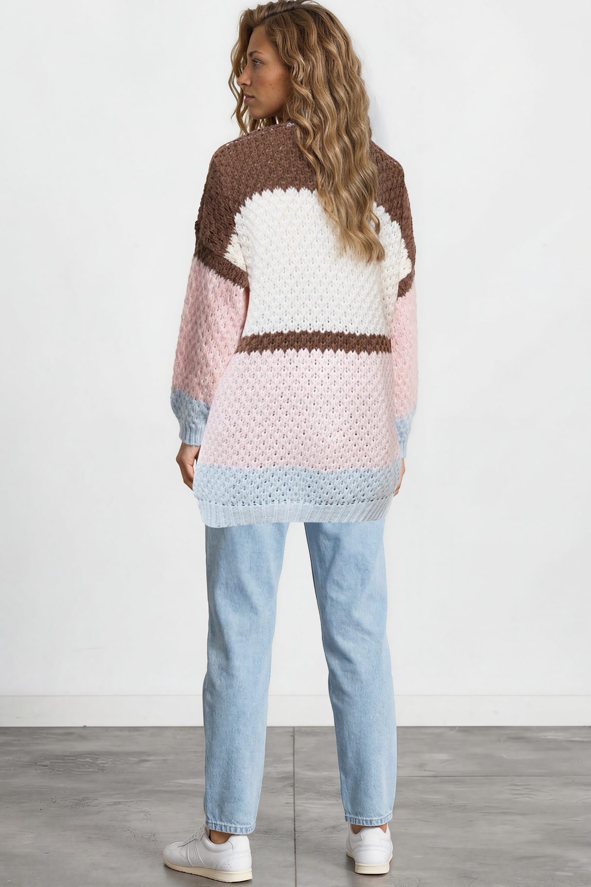 Model wearing Hana Cardigan in White/Coffee Multi from Salty Crush