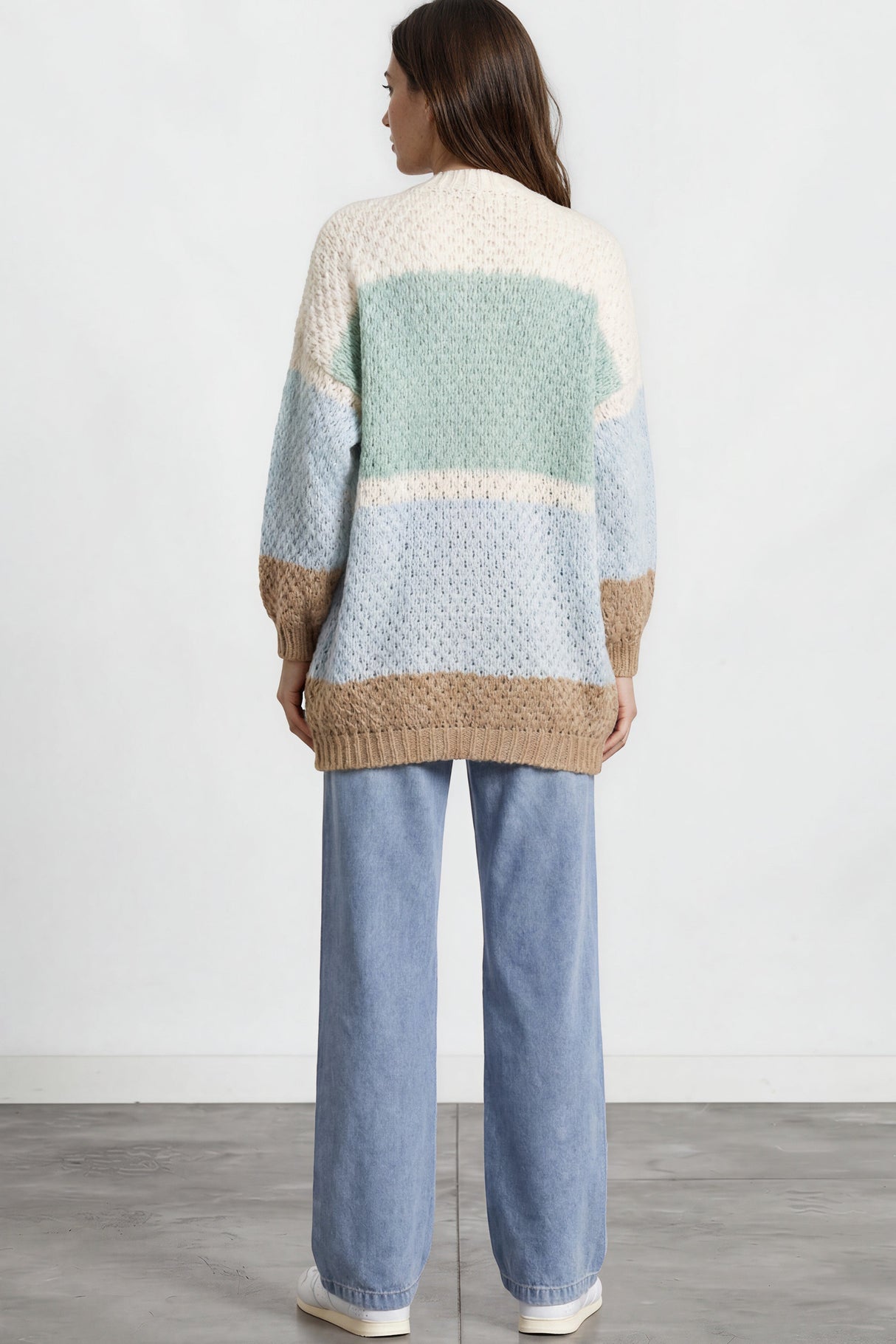 Model wearing Hana Cardigan in White/Green Multi from Salty Crush