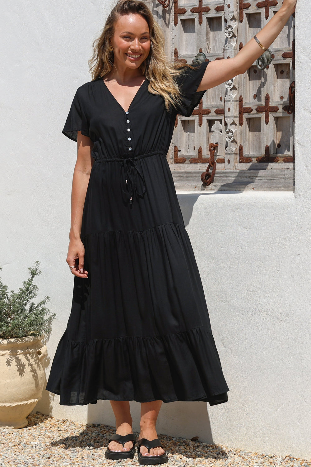 Hanna Maxi Dress - Cap Sleeve Tiered A Line Dress with Toggle Detailed Waist Tie in Black
