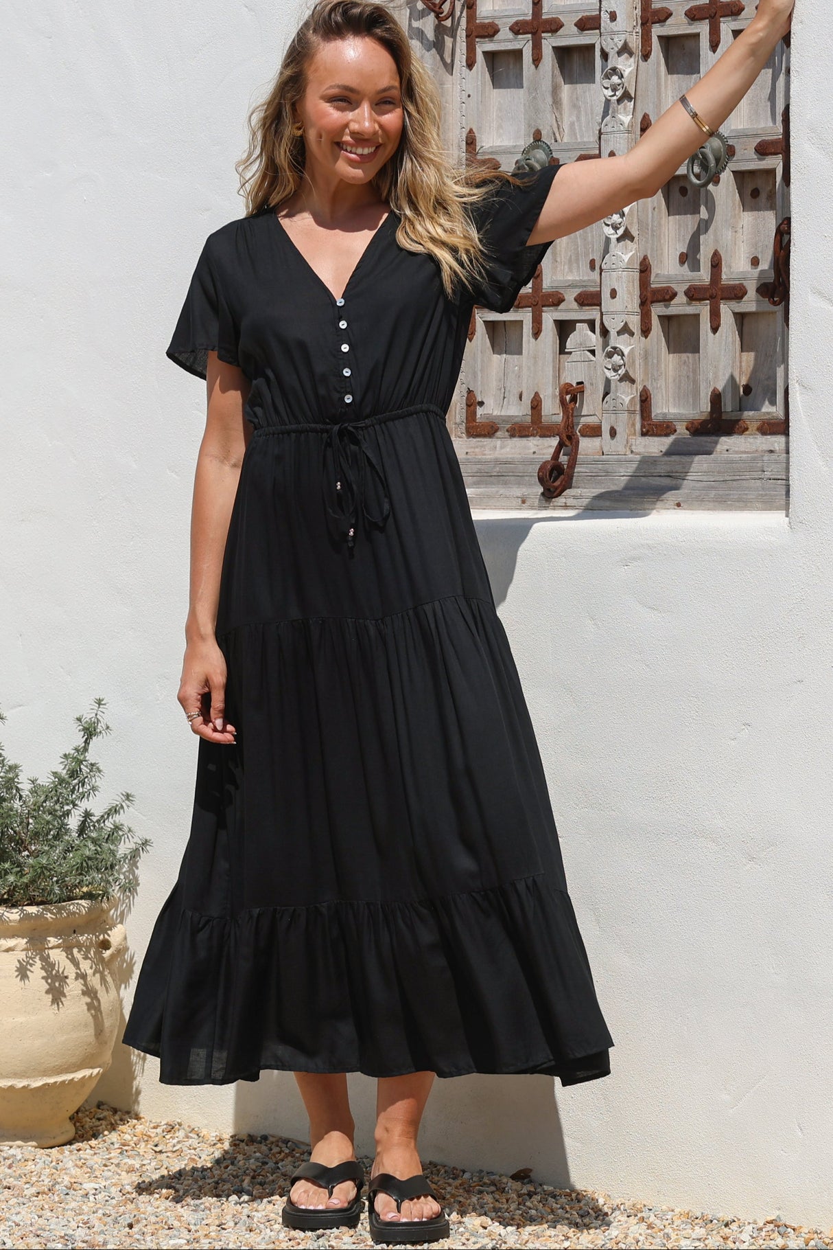 Hanna Maxi Dress - Cap Sleeve Tiered A Line Dress with Toggle Detailed Waist Tie in Black