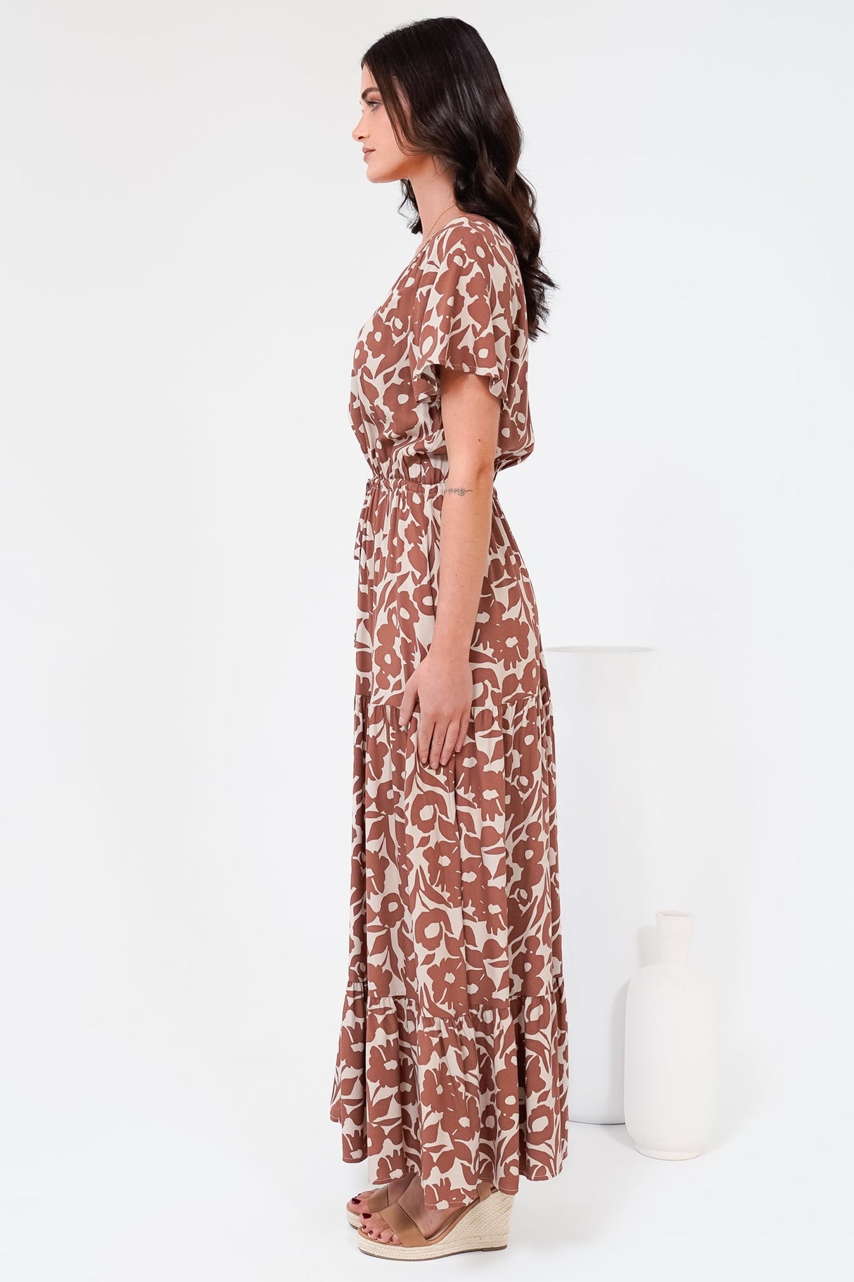 Hanna Maxi Dress - Cap Sleeve Tiered A Line Dress with Toggle Detailed Waist Tie in Emma-Jade Print Brown