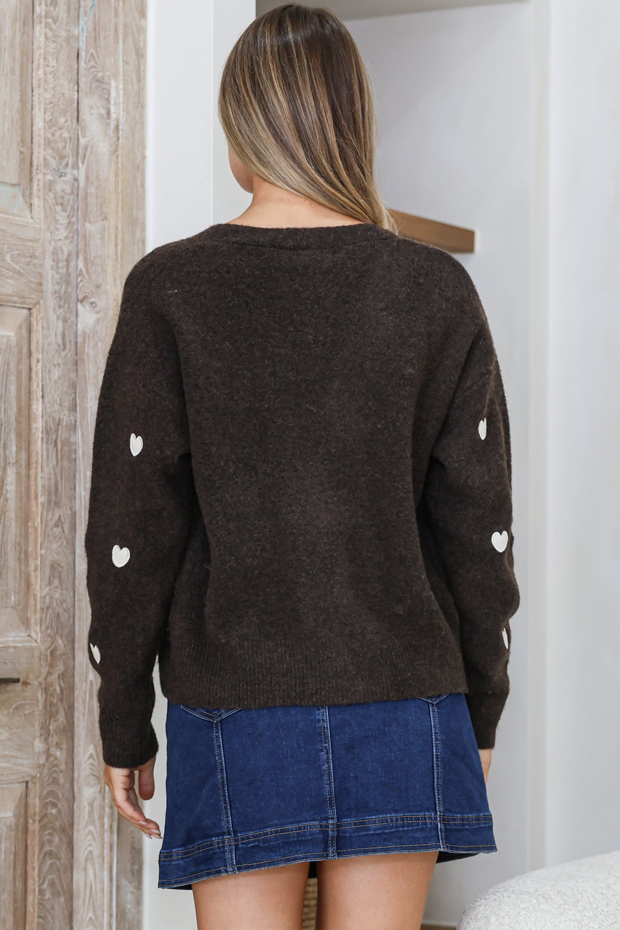 Hartley Cardigan - V Neck Button Front Heart Embroidered Knit with Matching Fabric Buttons in Coffee