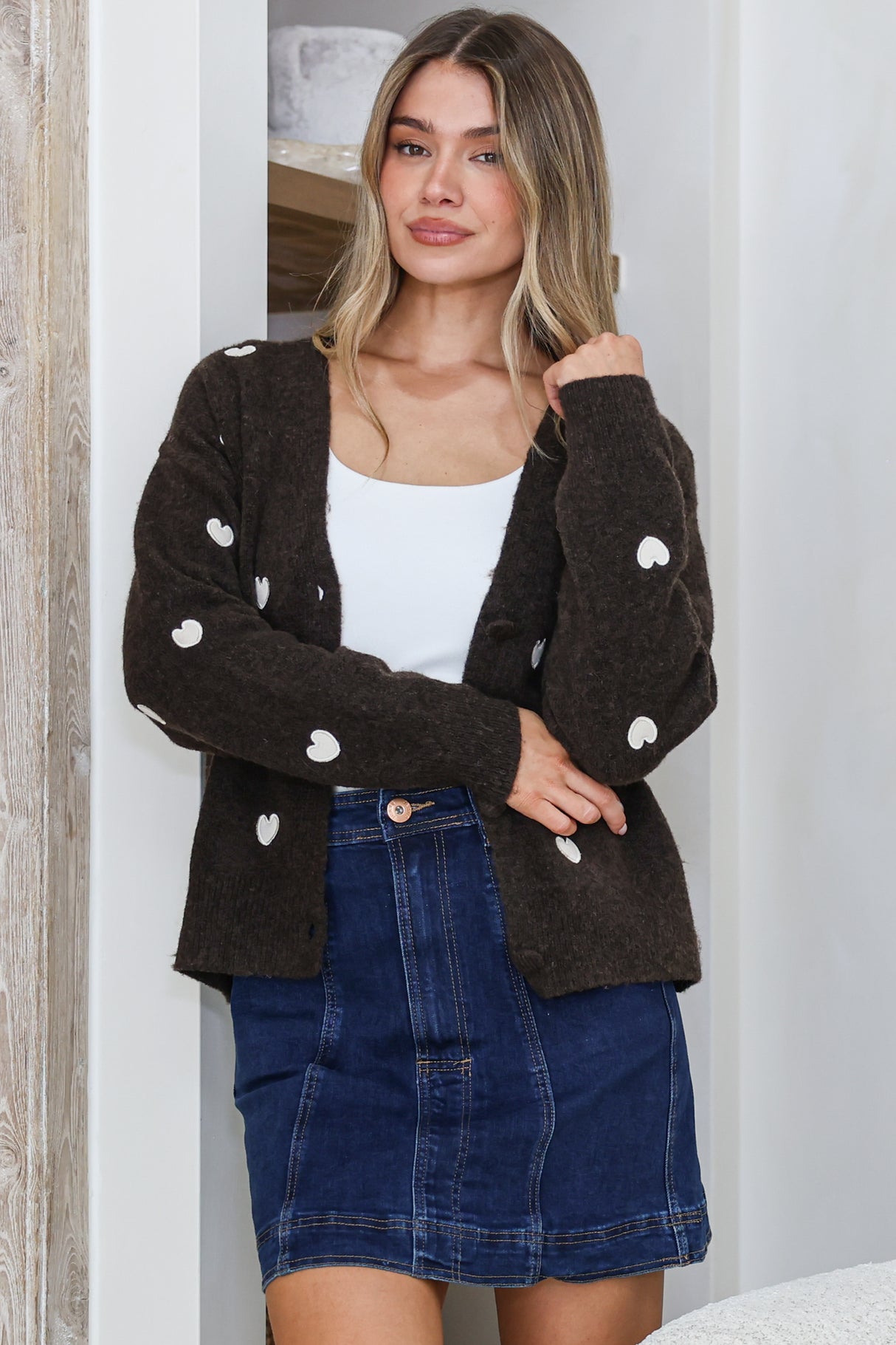 Hartley Cardigan - V Neck Button Front Heart Embroidered Knit with Matching Fabric Buttons in Coffee