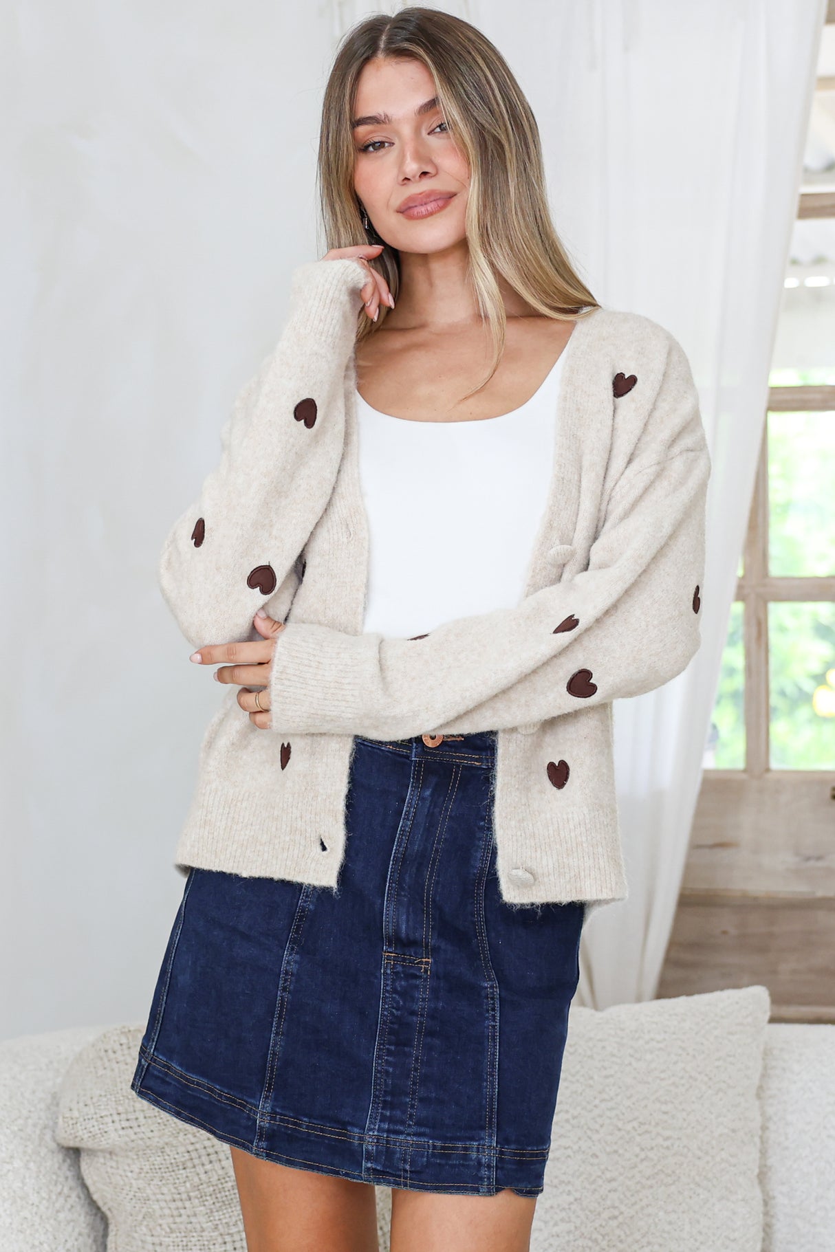 Hartley Cardigan - V Neck Button Front Heart Embroidered Knit with Matching Fabric Buttons in Cream