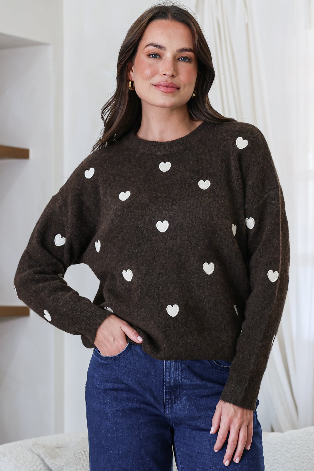 Model wearing Hartley Jumper in Coffee from Salty Crush